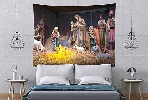Miniatura 8 de Loccor Tapiz de Navidad de 80 x 60 pulgadas, pesebre, nacimiento del bebé Jesús, tapiz para colgar en la pared, tapiz religioso cristiano, arte de