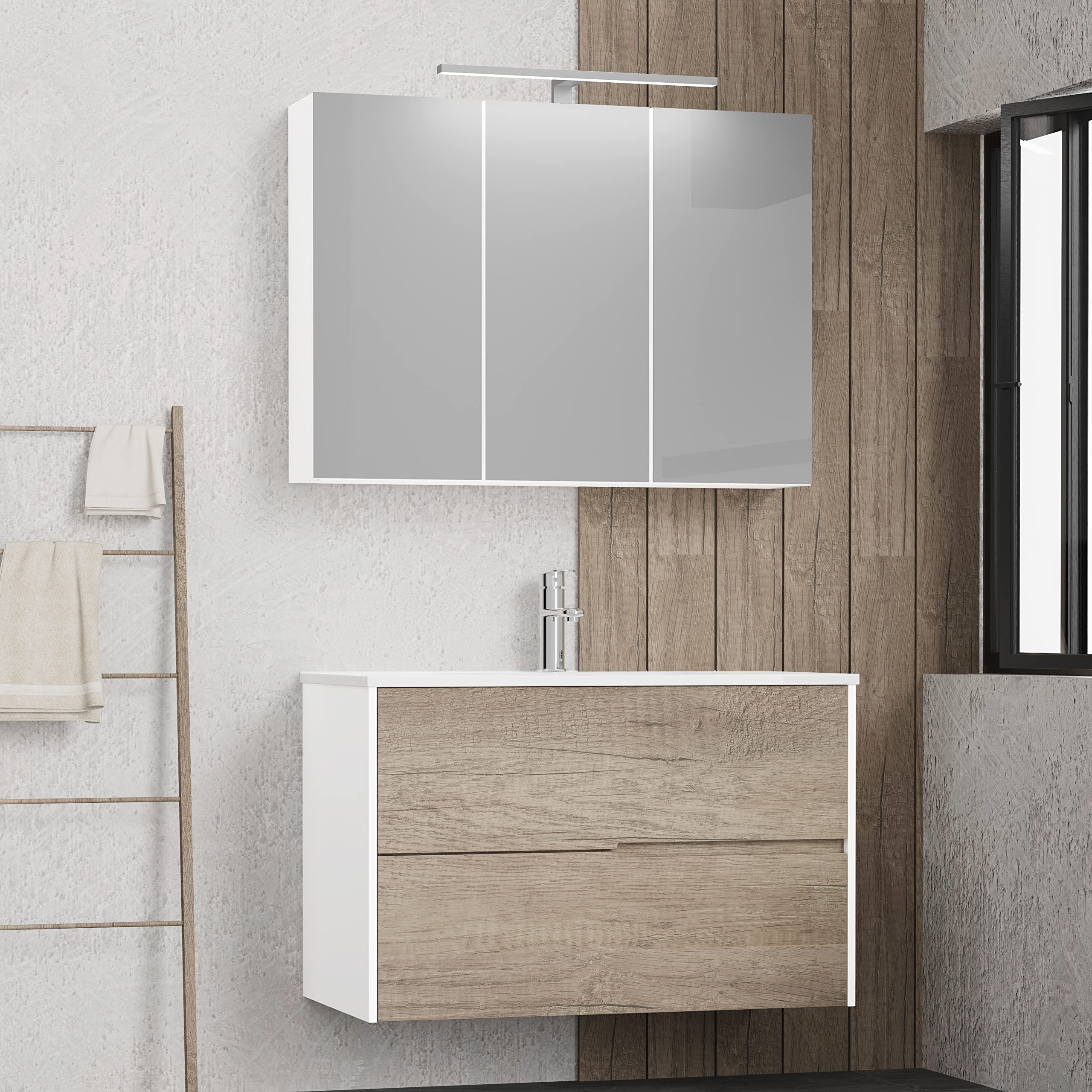 Baikal Mueble Camerino con Espejo, Armario Auxiliar de Baño Multiusos, Opción con o sin Luz LED. Mueble de Pared de fácil colocación. Armario MONTADO. Acabado Blanco. Camerino LED 90 cm