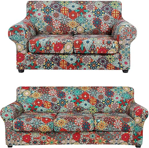 hyha Fundas elásticas impresas para sofá de 3 cojines (72-96 pulgadas, gris), paquete de fundas de sofá biplaza para sillón de 2 cojines (58-72