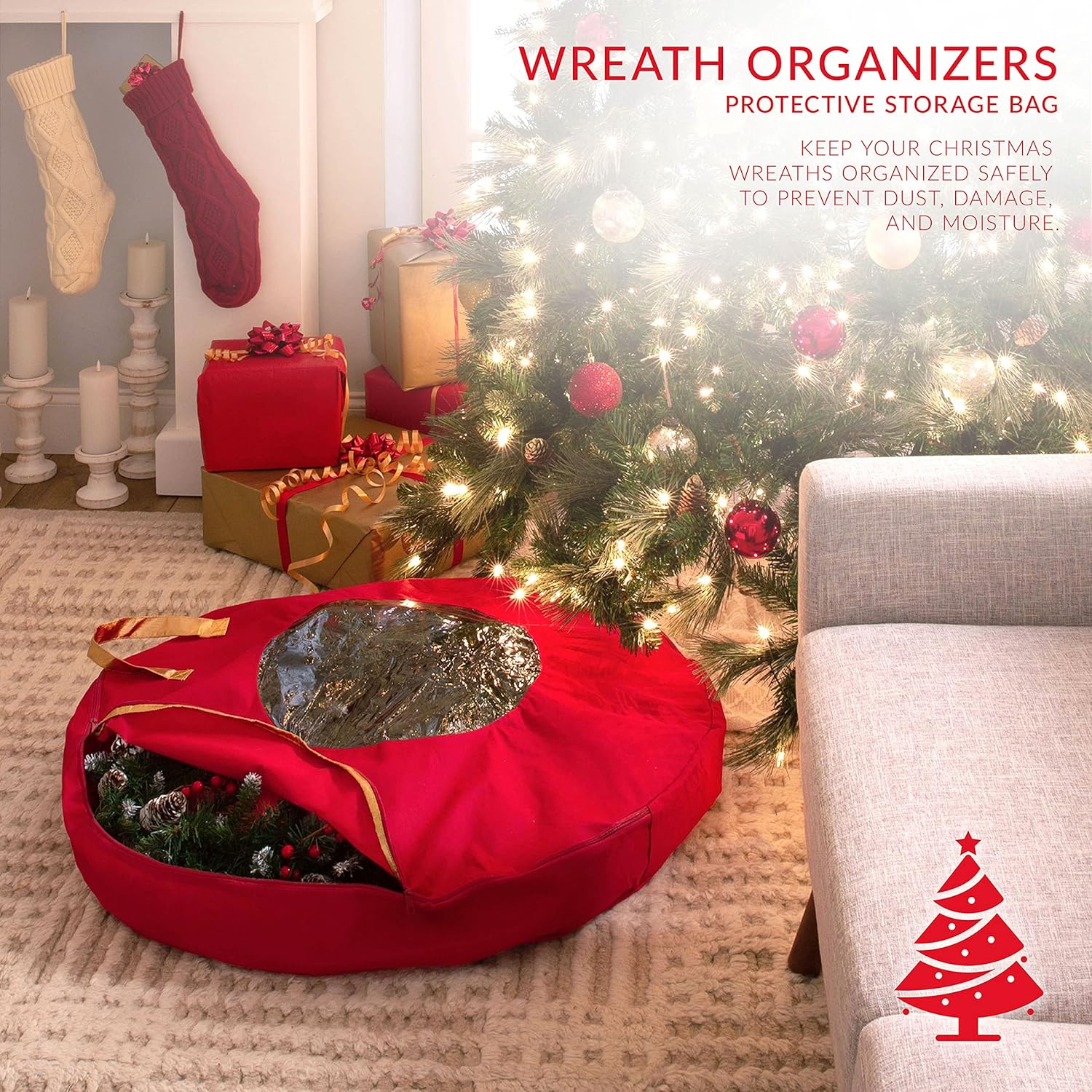 Simplify 36 Inch Wreath Bag | Christmas Storage | Holiday Decorations | Round Zippered Bag | Protects Wreathes | Heavy Duty | Collapsible | Red