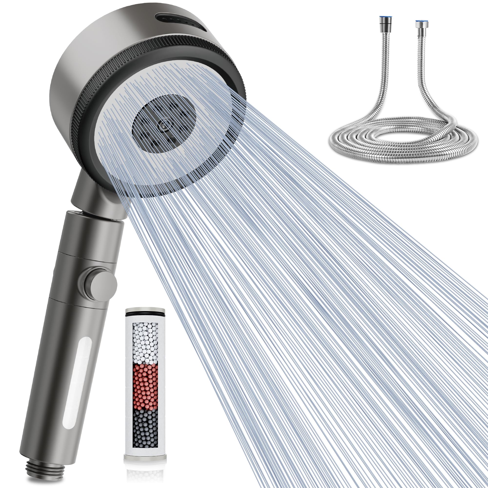 Magichome 6 Modes Hard Water Filter Shower Head with 1.5m Hose, Not Compatible with Electric Showers, 360° Swivel Head & On/Off Pause Button, Removes Chlorine & Impurities for Skin & Hair Care