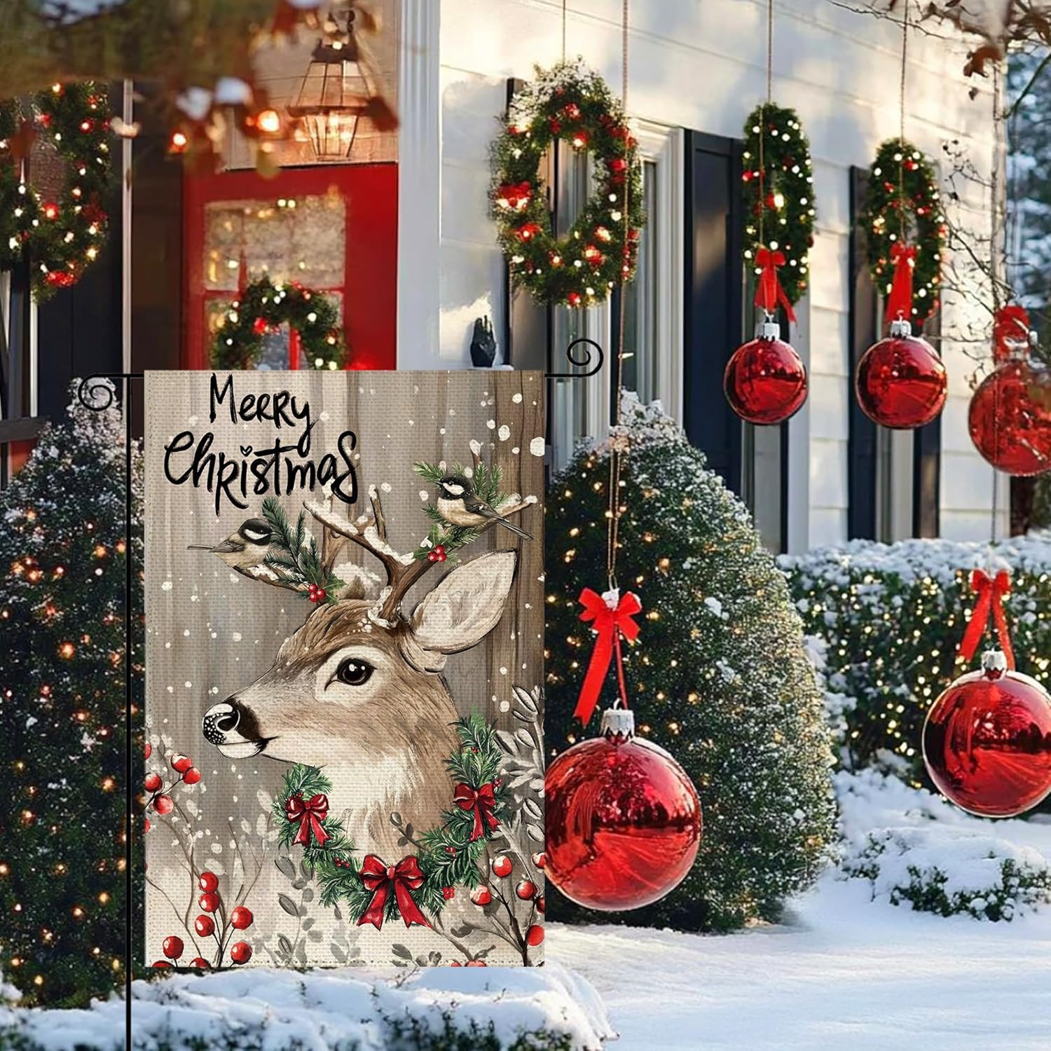 Christmas Wood Grain Deer Welcome Garden Flag 12x18 Inch Double Sided, Xmas Berry Pine Winter Snowflake Burlap Small Yard Flag Farmhouse Flags Seasonal Patio Outdoor Outside Decoration - Image 4