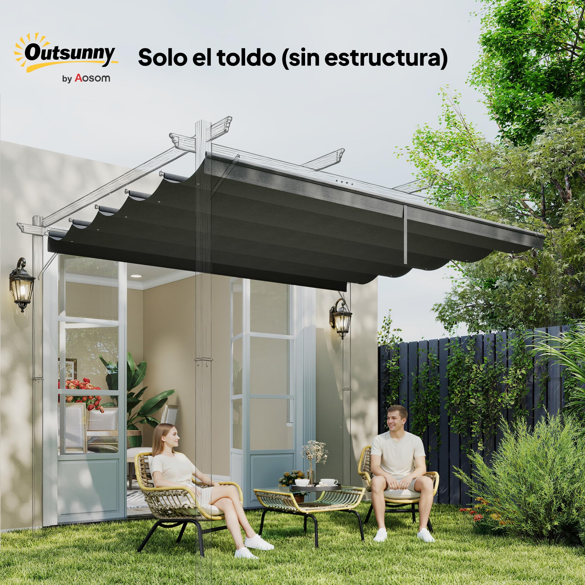 Outsunny Techo de Pérgola 3,5x2,6 m, Techo de Repuesto Retráctil para Marco de Pérgola de 4x3 m, UV30+, Toldo de Tela Solo para Cenador Jardín con 10 Orificios de Drenaje, Gris Oscuro