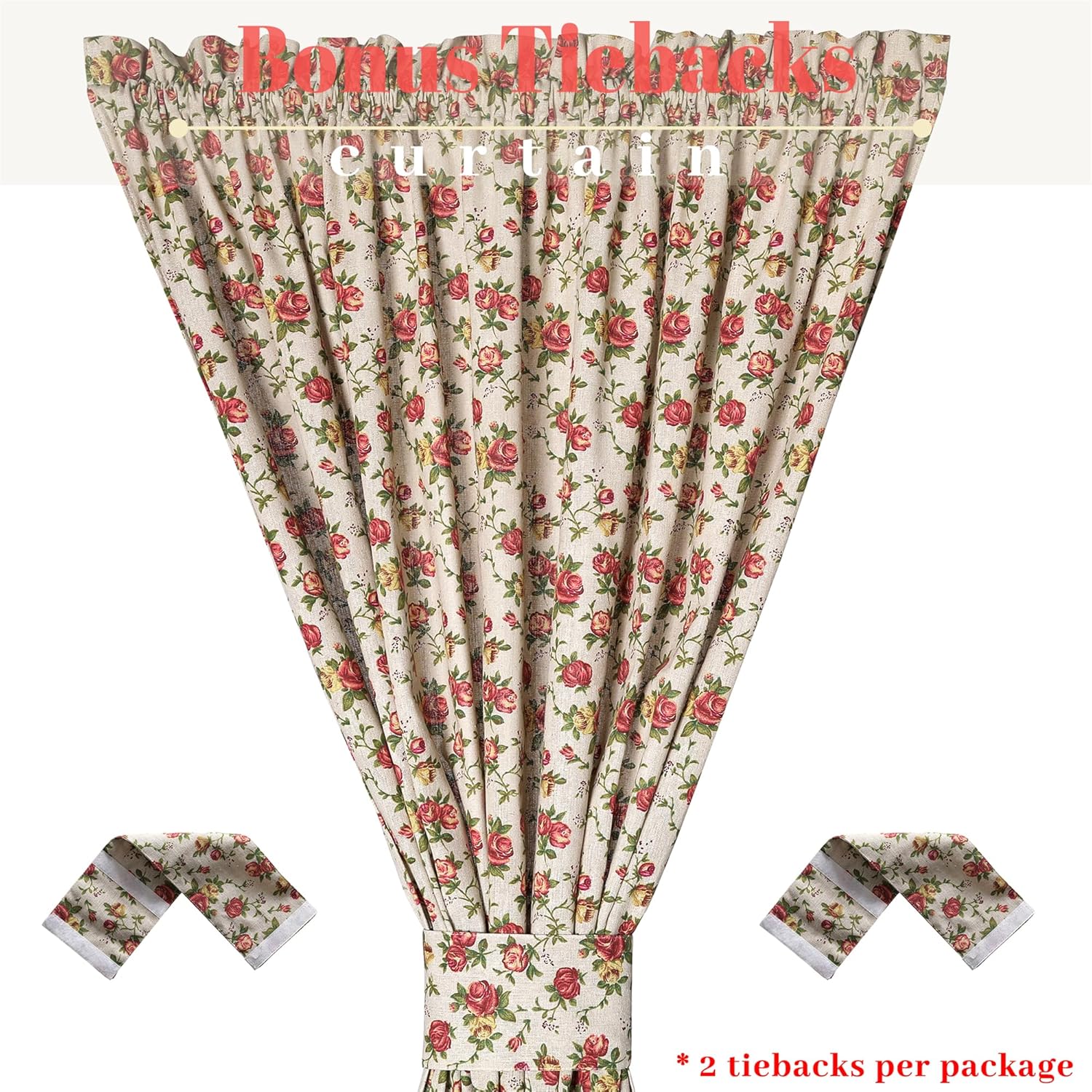 Linen French Door Curtains Set of 2, Elegant Country Style Red Rose Front Door Curtain Dual Rod Pocket Tiebacks Included, 54" W x 72" L