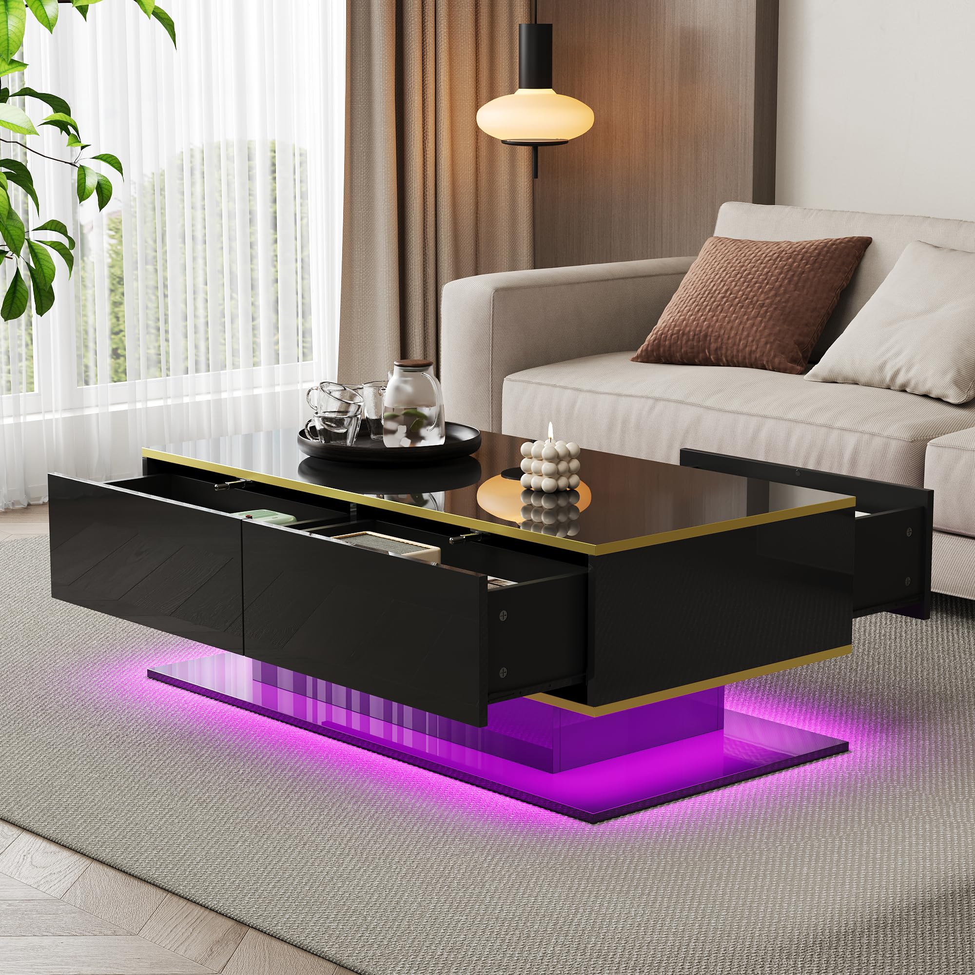 BTM Modern LED Coffee Table with High-Gloss Finish, 100 cm Length, Gold Accents, 3 Drawers & USB LED Light Strip (Adapter/Power Bank Required), Black — image 1