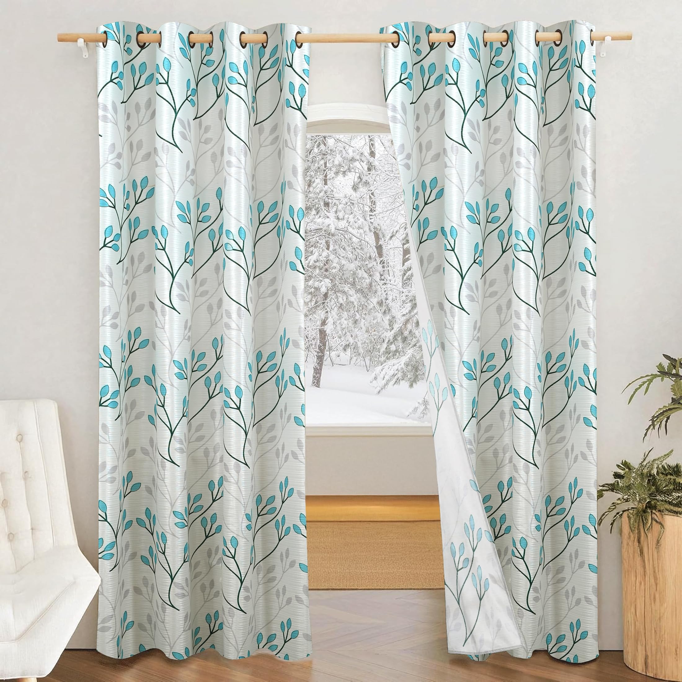 Amazon Brand - Solimo Polyester 75% Blackout Leaf Print Window Curtains|75% Room Darkening|5 Feet|Set of 2|Leaf Print Design|for Living Room Kids Room & Bedroom | Color- White& Blue| Light-Filtering