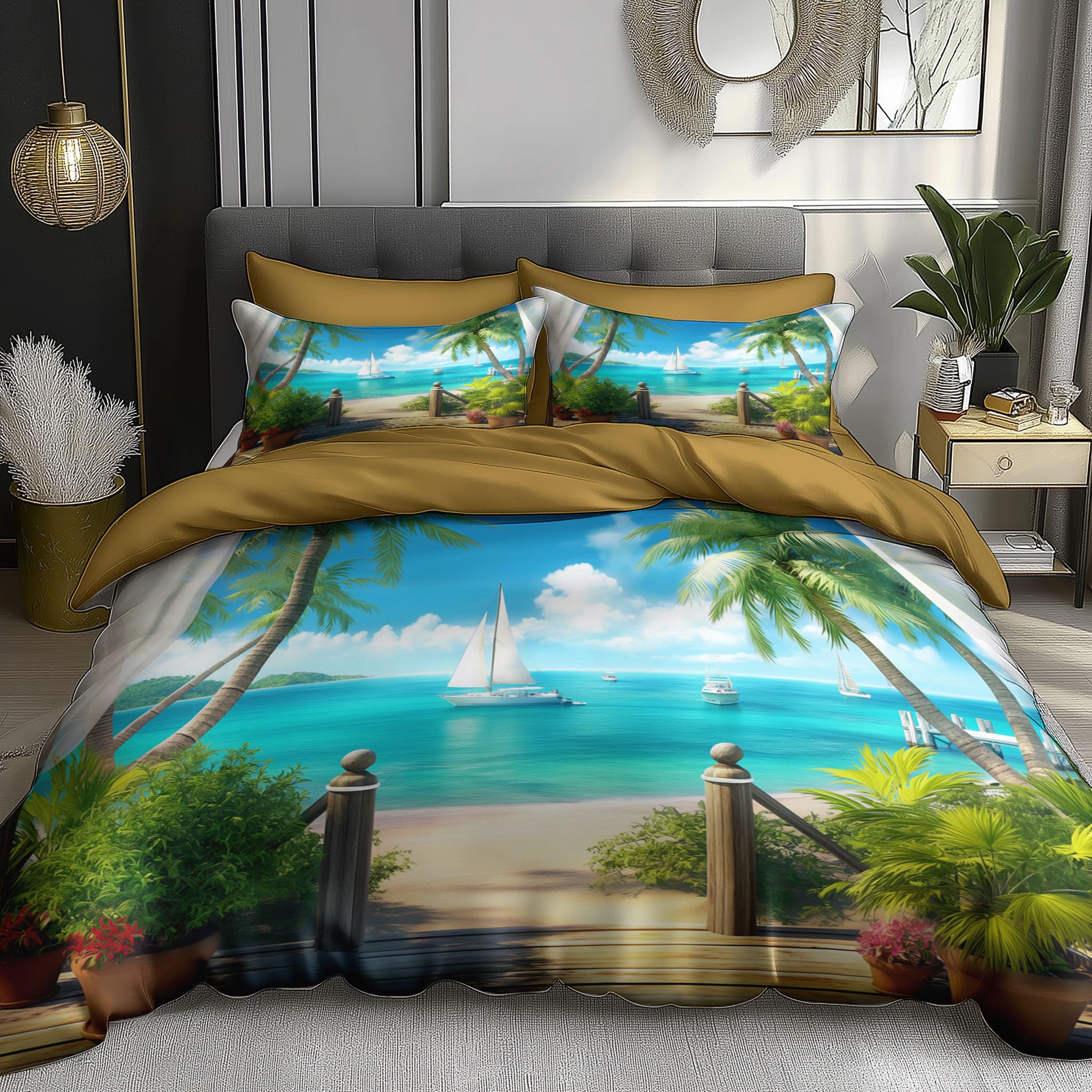 Housse de couette 200x200 design paysage tropical avec ses 2 taies d'oreiller pour lit adulte