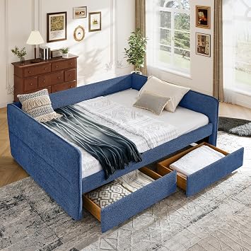 Antetek Queen Size Daybed, Upholstered Boucle Fabric Sofa Day Bed Frame with Storage Drawer and Wood Slats Support, No Box Spring Required, for Bedroom, Living Room, Study, Small Space, Blue