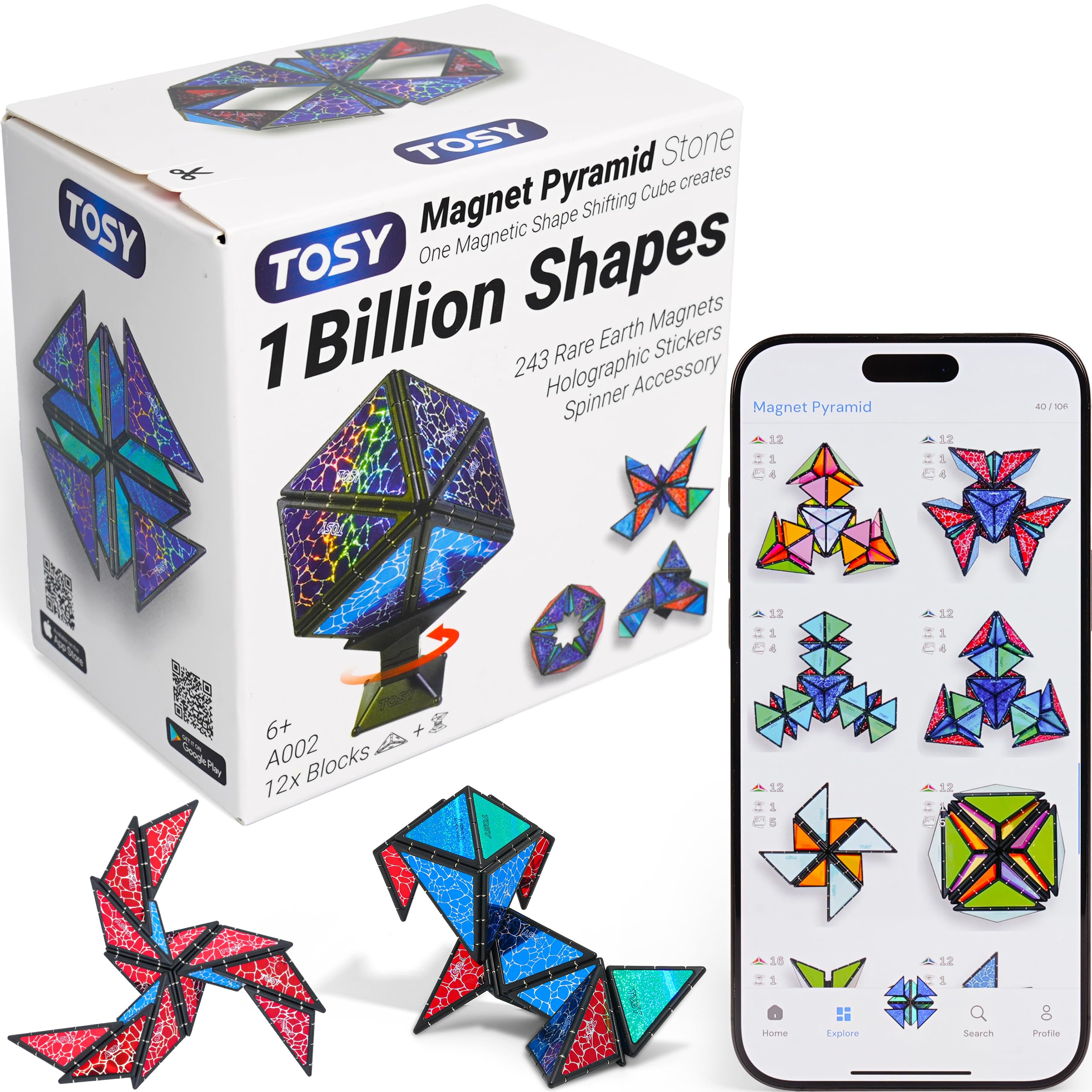 TOSY Magnet Pyramid Stone - 1 Cube Turns Into 1 Billion Shapes, 243 Magnets, Spinner Accessories, Fidget Puzzle Toy, Easter/Valentine's Day/Birthday Gift