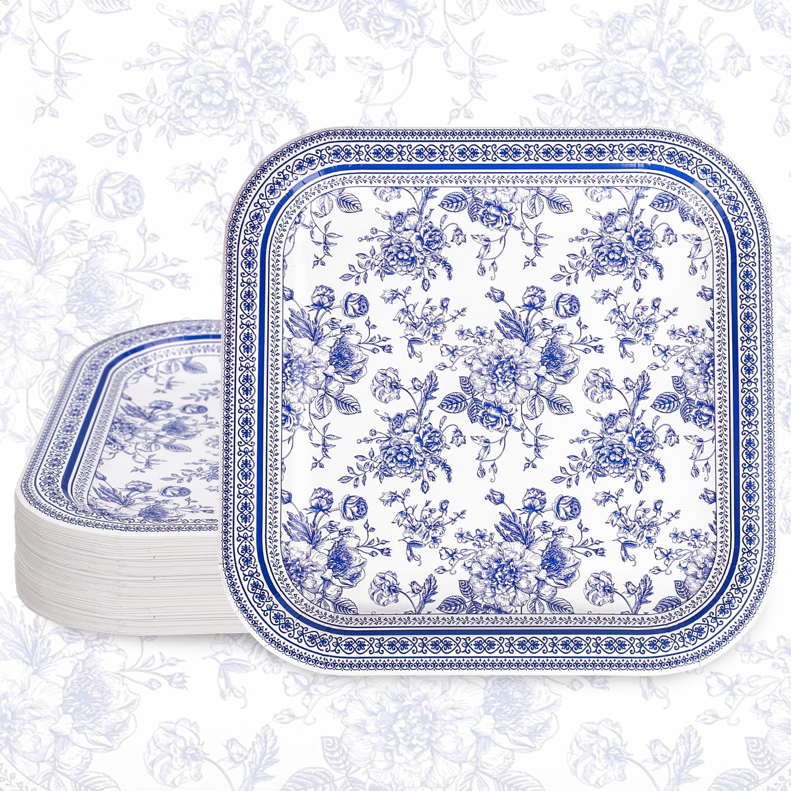 FYSUIMU 24 Pcs Blue White Floral Paper Plates Chinoiserie Flower Disposable Plates 9 Inch Square Party Tableware for Wedding Birthday Spring Summer