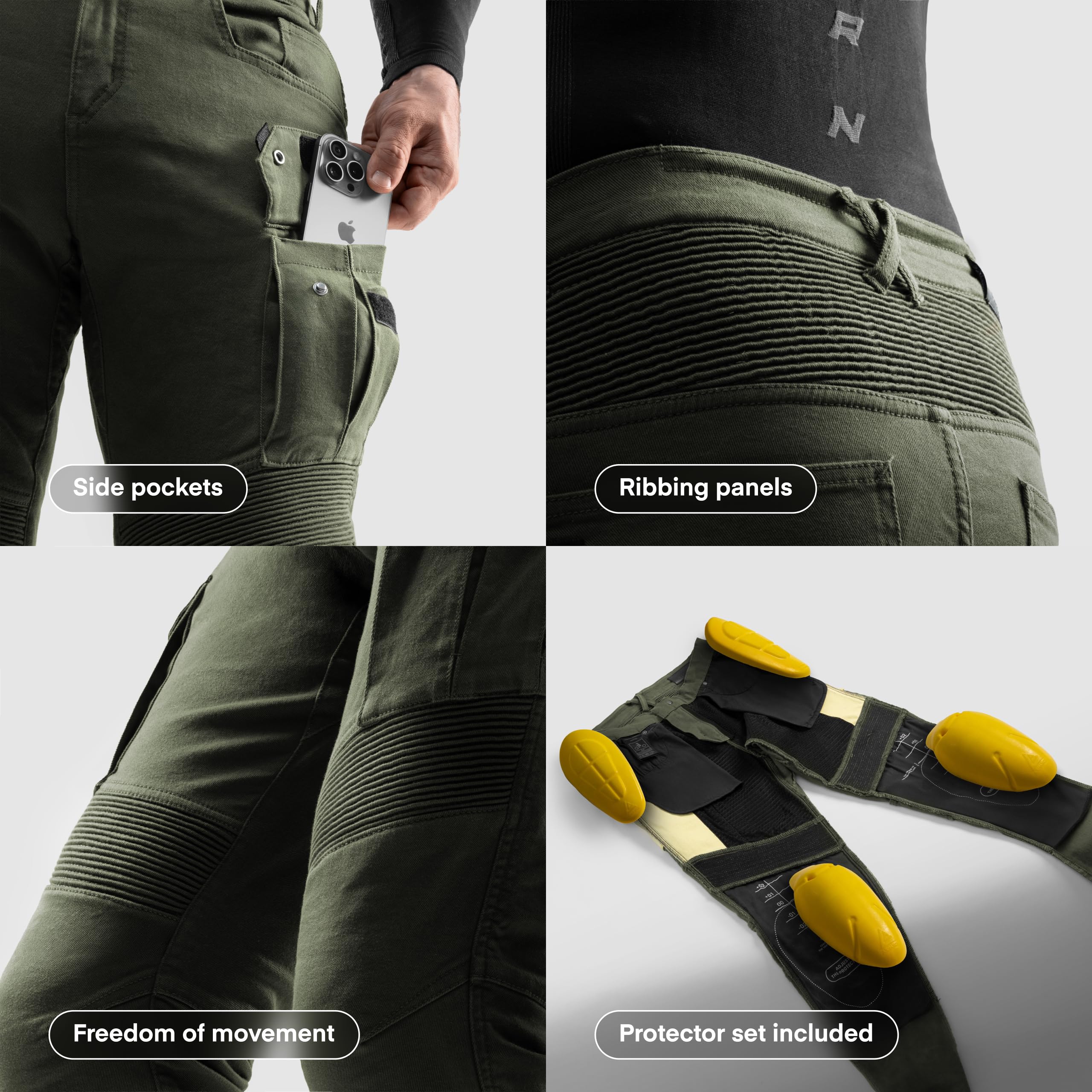 REBELHORN Faster Motorradjeans Herren | Aramidfaser Futter | Knie und Hüftprotektoren Stufe 2 | Tasche für Steißbeinprotektor | 2 Cargotaschen | Tapered Fit