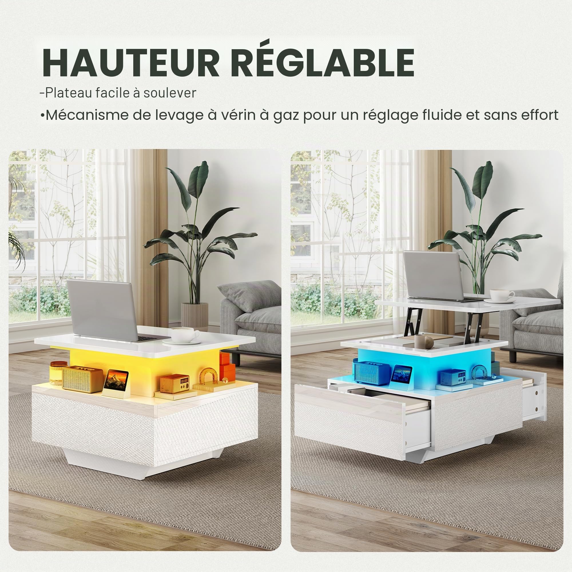 DWVO Table Basse avec LED, Hauteur Réglable, Blanc Laqué Moderne, avec Rangement et Tiroirs pour Salon, 60x60x45-58 cm