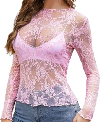 Womens Mesh Top Mock Neck Sheer Blouse See Through Floral Lace Tops
