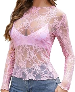 Women's Mesh Top Mock Neck Sheer Blouse See Through Floral Lace Tops