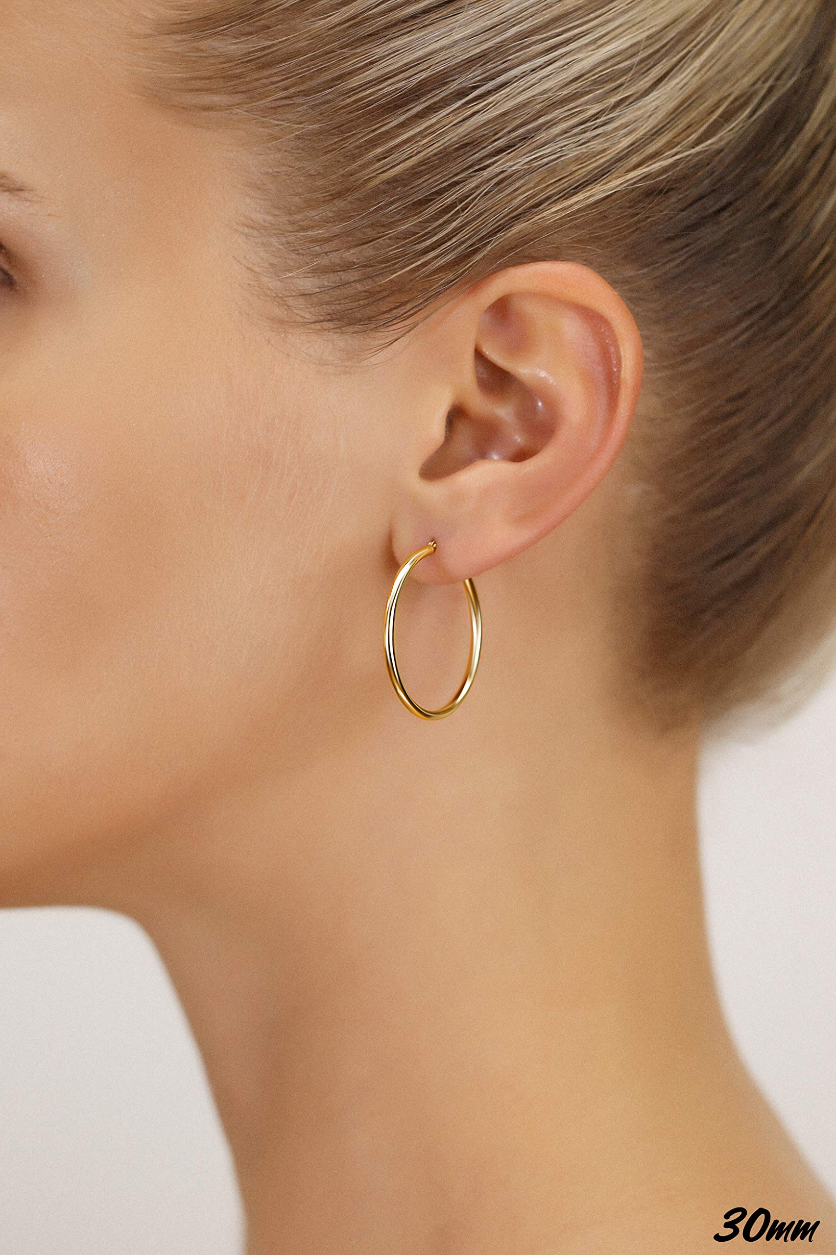 14k Yellow Gold Classic Shiny Polished Round Hoop Earrings, 2mm tube