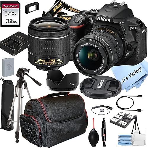 Nikon D5600 DSLR Camera with 18-55mm VR Lens + 32GB Card, Tripod, Case, and More (20pc Bundle) (Renewed)