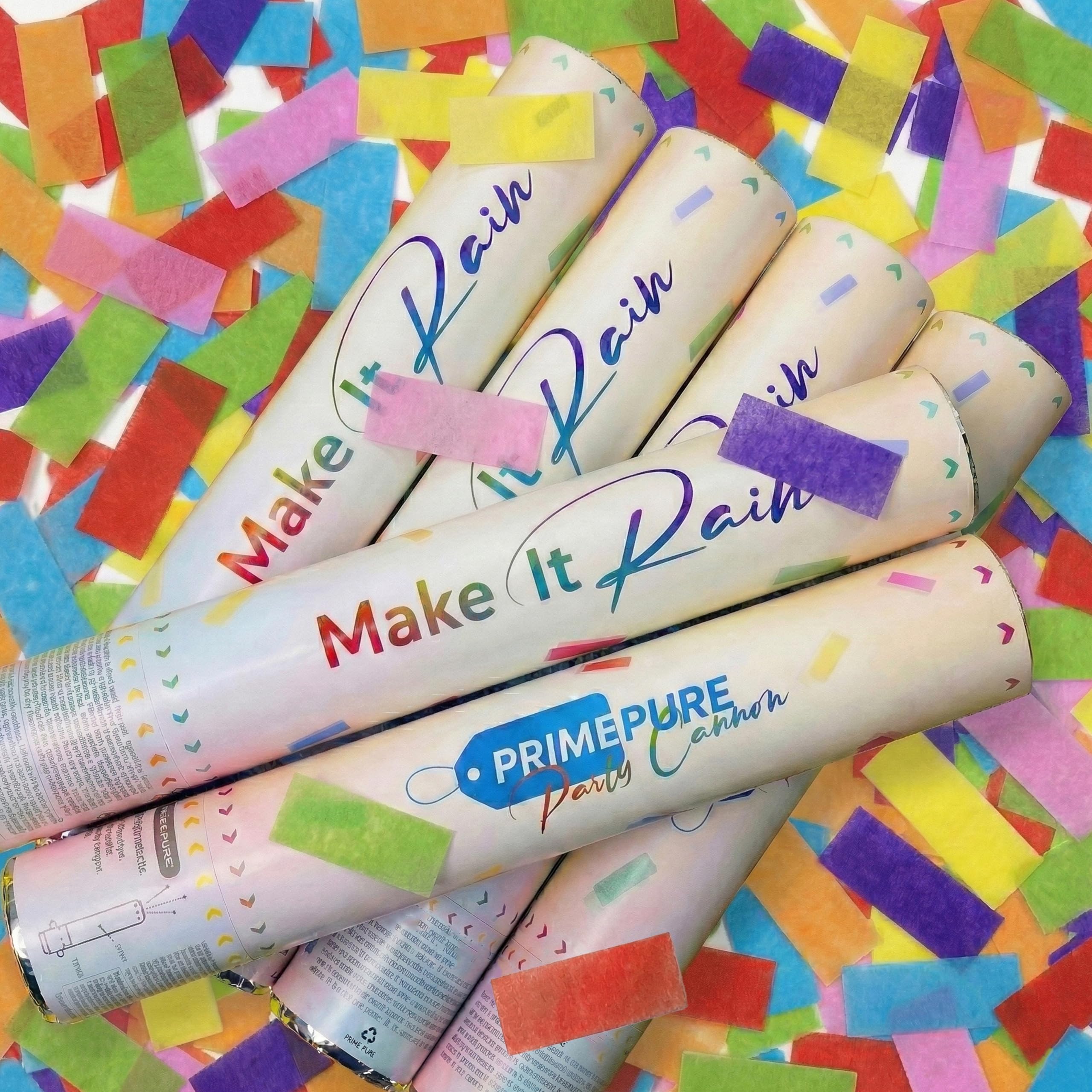 PrimePure Confetti Cannon Party Poppers - Biodegradable Multicolor Rectangular Confetti Poppers - 6 Pack - Make It Rain Party Cannon Shooters for Wedding, Birthdays, Graduations, Rainbow Sprinkles
