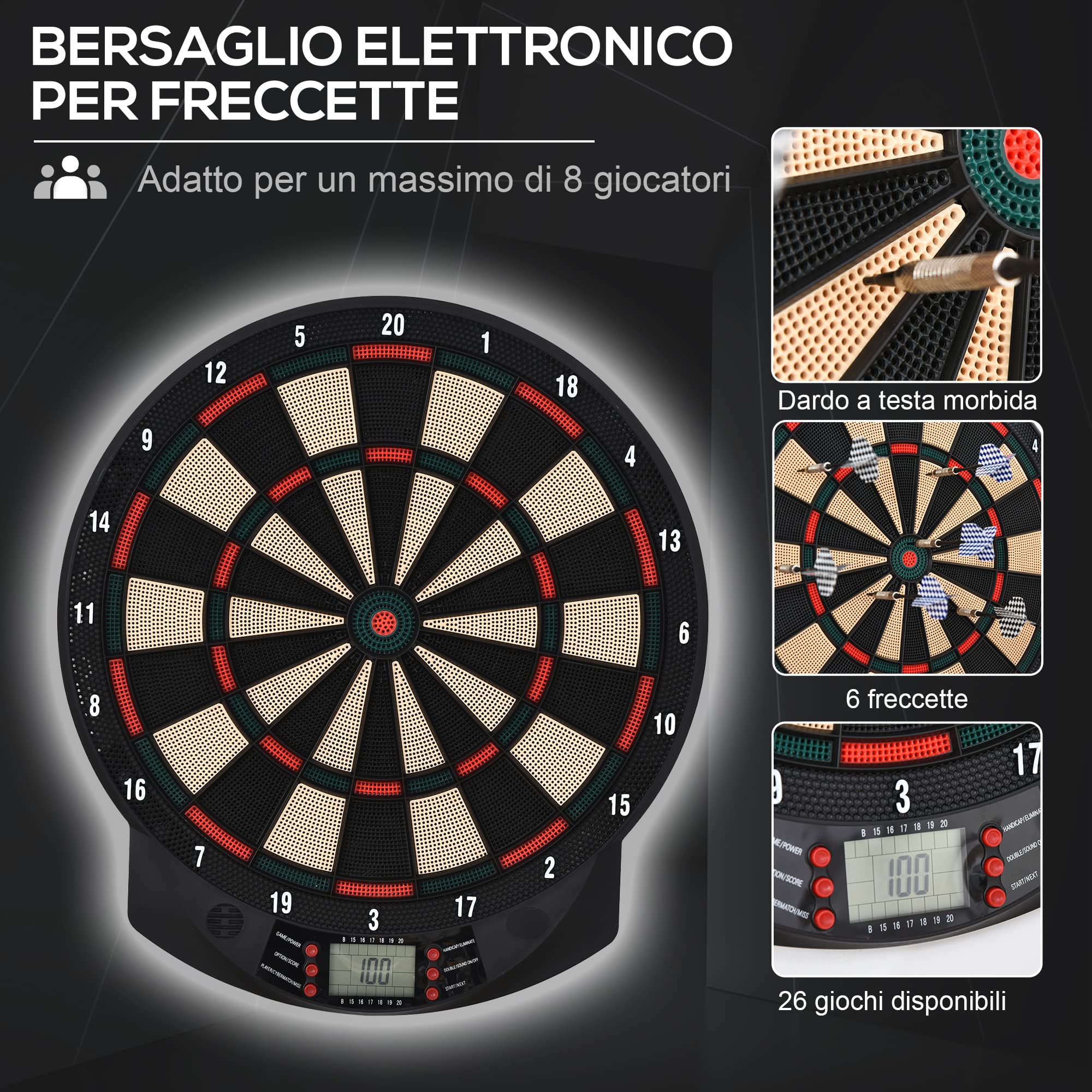 HOMCOM Bersaglio a Freccette Elettronico PP 26 Giochi 185 Opzioni Punteggio 44x39.5x2.2cm Nero
