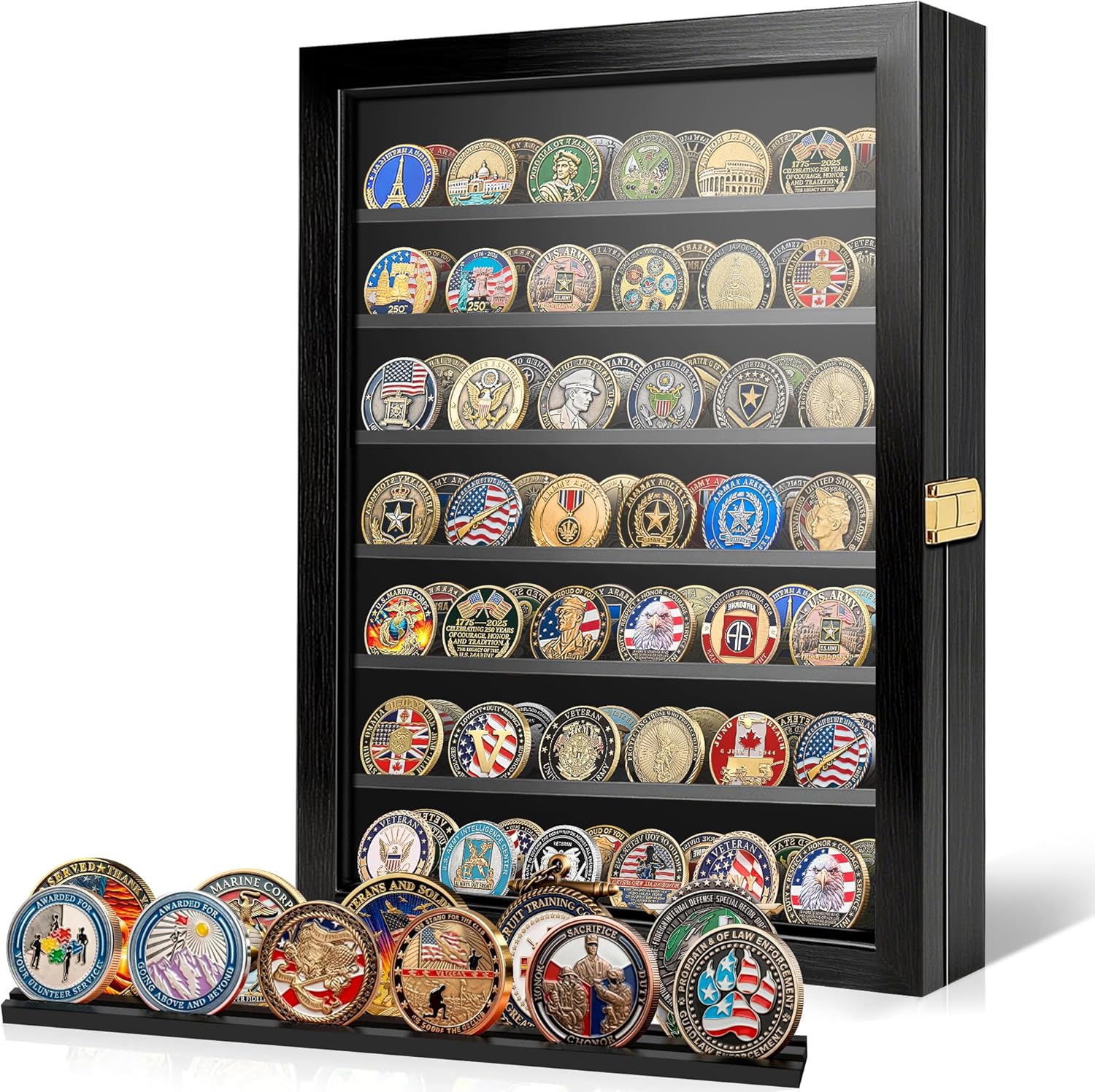 Military Challenge Coin Display Case with Acrylic Door-7 Rows Large Shadow Box Medal Display Case Cabinet Rack (Holds 7 Rows of Coins)