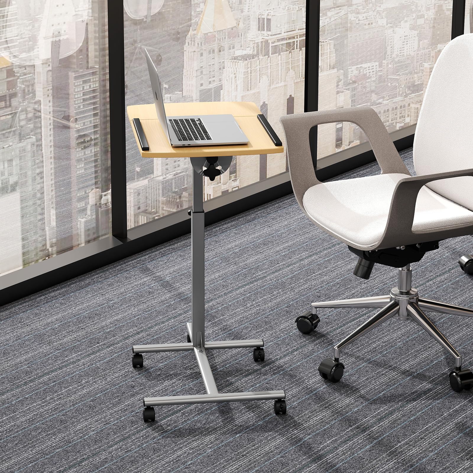 GYMAX Bureau Debout d'Ordinateur Portable, Tablette Inclinable, Hauteur Réglable 61-91cm, Bureau en Forme de C pour Lit Canapé, Gain de Place, pour Hôpital, Salon, Chambre