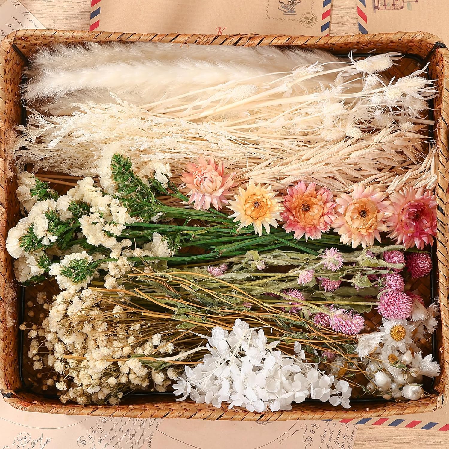 10 Kinds of Dried Flowers for Crafts Green Series Natural Dried Flowers Dry Hydrangea Daisy Babys Breath with Stems Boho Wedding Flower Bouquets with Hemp DIY Floral Arrangement Rope for Home Decor