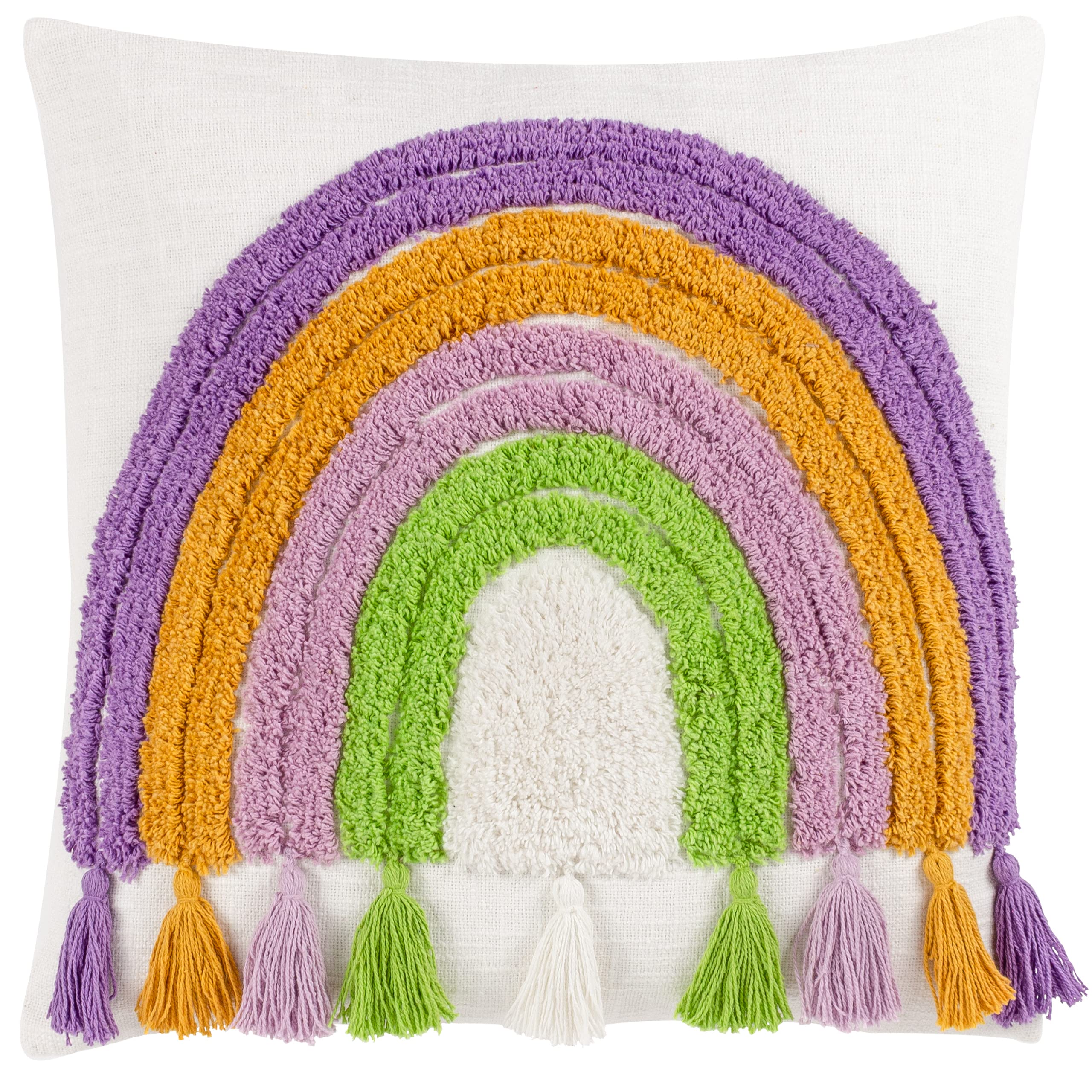 furn. Heya Home Rainbow Tassel Polyester Filled Cushion – Colourful Tufted Cotton Rainbow Tassel Trim Decorative Pillow (Multicolour – 45x45cm)