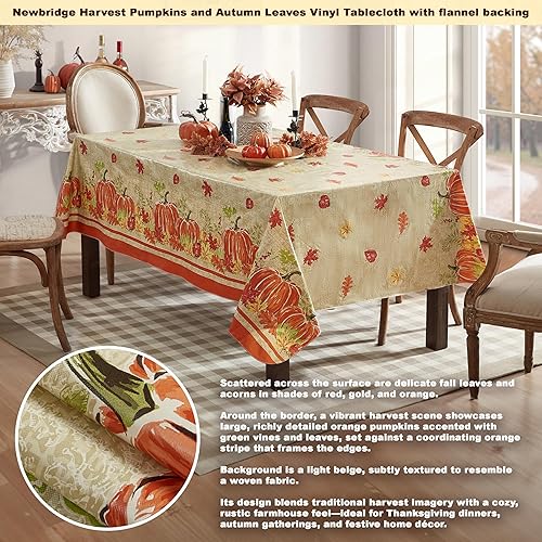Miniatura 2 de Newbridge Mantel de vinilo de franela con estampado de calabaza y cachemira Shabby Chic para otoño, borde de hojas de otoño, mantel de vinilo de