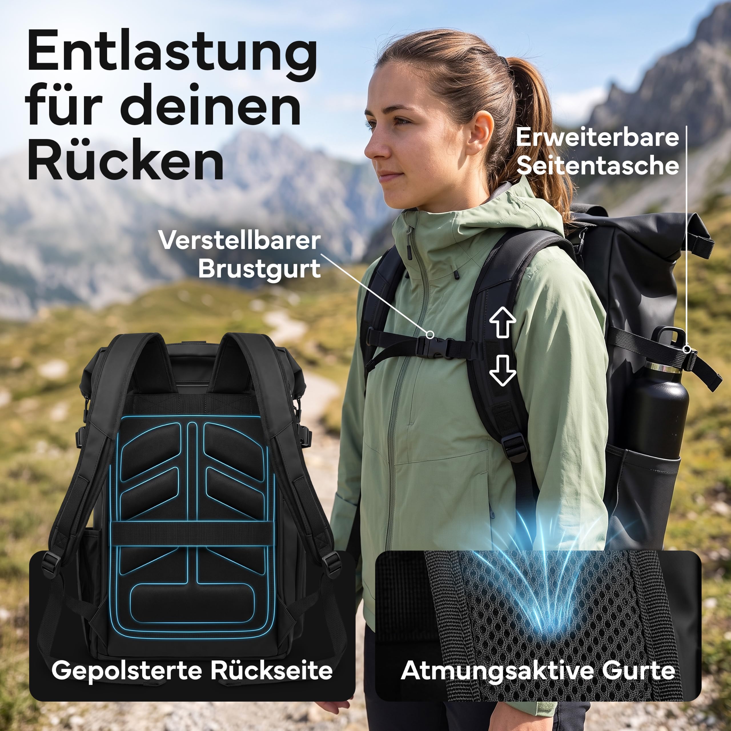 NEOLYMP Zaino da uomo e donna, impermeabile, con grande scomparto per laptop, Wet Case e accesso alla schiena, espandibile in modo flessibile, zaino da viaggio, zaino da trekking, zaino sportivo