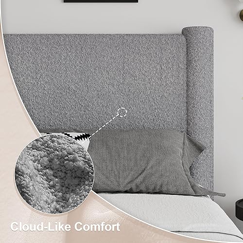 Miniatura 6 de Base de cama tamaño Queen, cama tapizada Boucle con cabecera y estribo, esquinas redondeadas suaves, no requiere somier, fácil montaje, gris claro