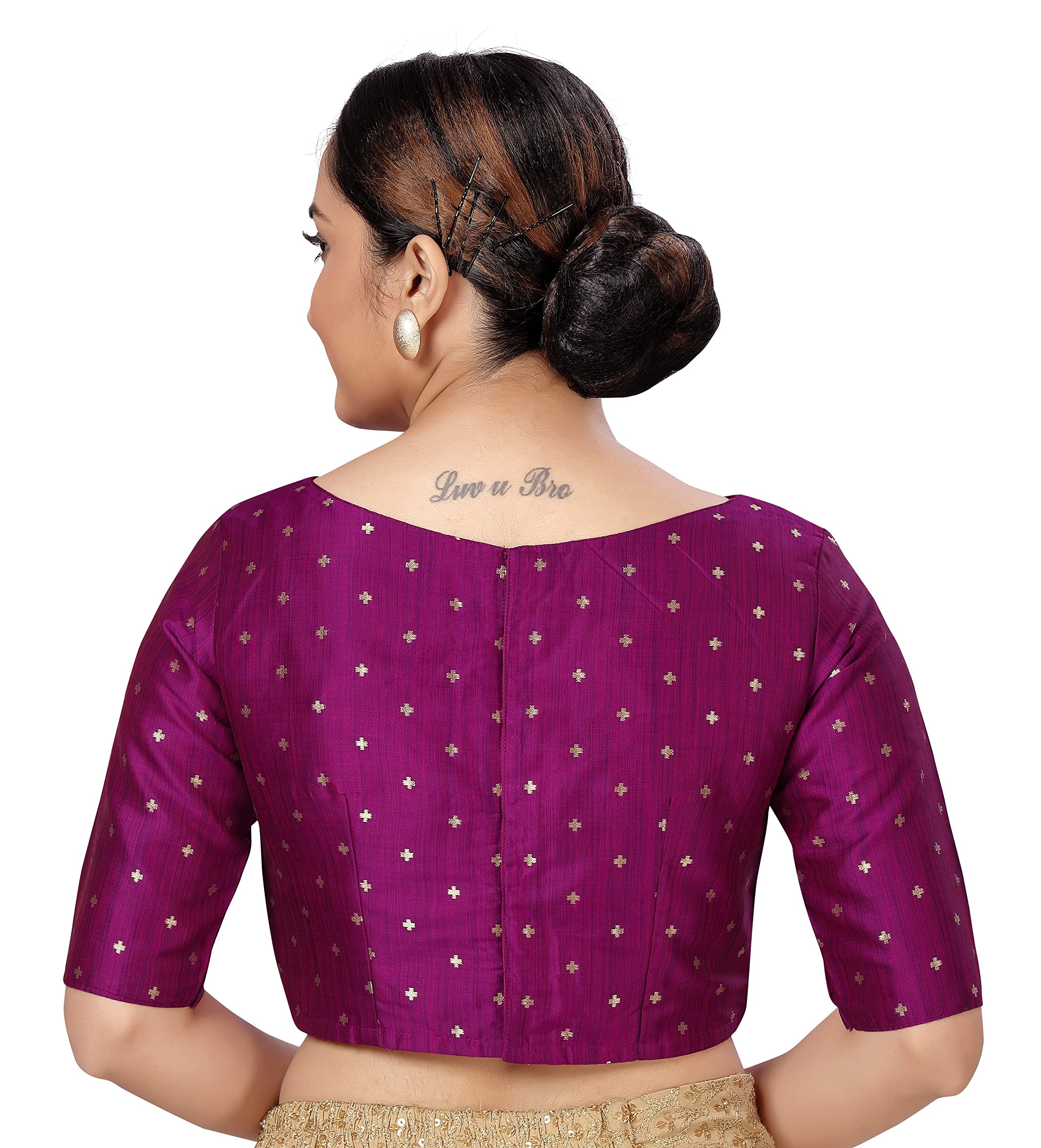 Studio Shringaar Women Silky Brocade Readymade Elbow Length Sleeves Saree Blouse(Wine, 34) - Image 4 thumbnail