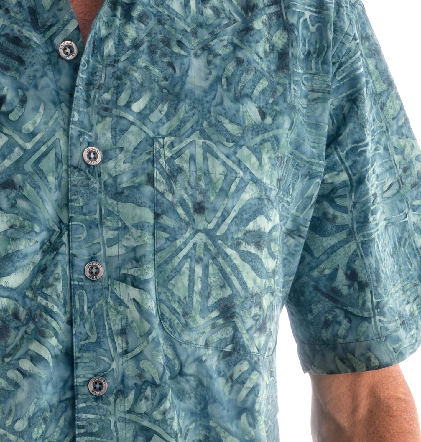 Johari West Hawaiian Short Sleeve Cotton Button-Down Batik Shirt for Men (Geometric Forest) - Image 5