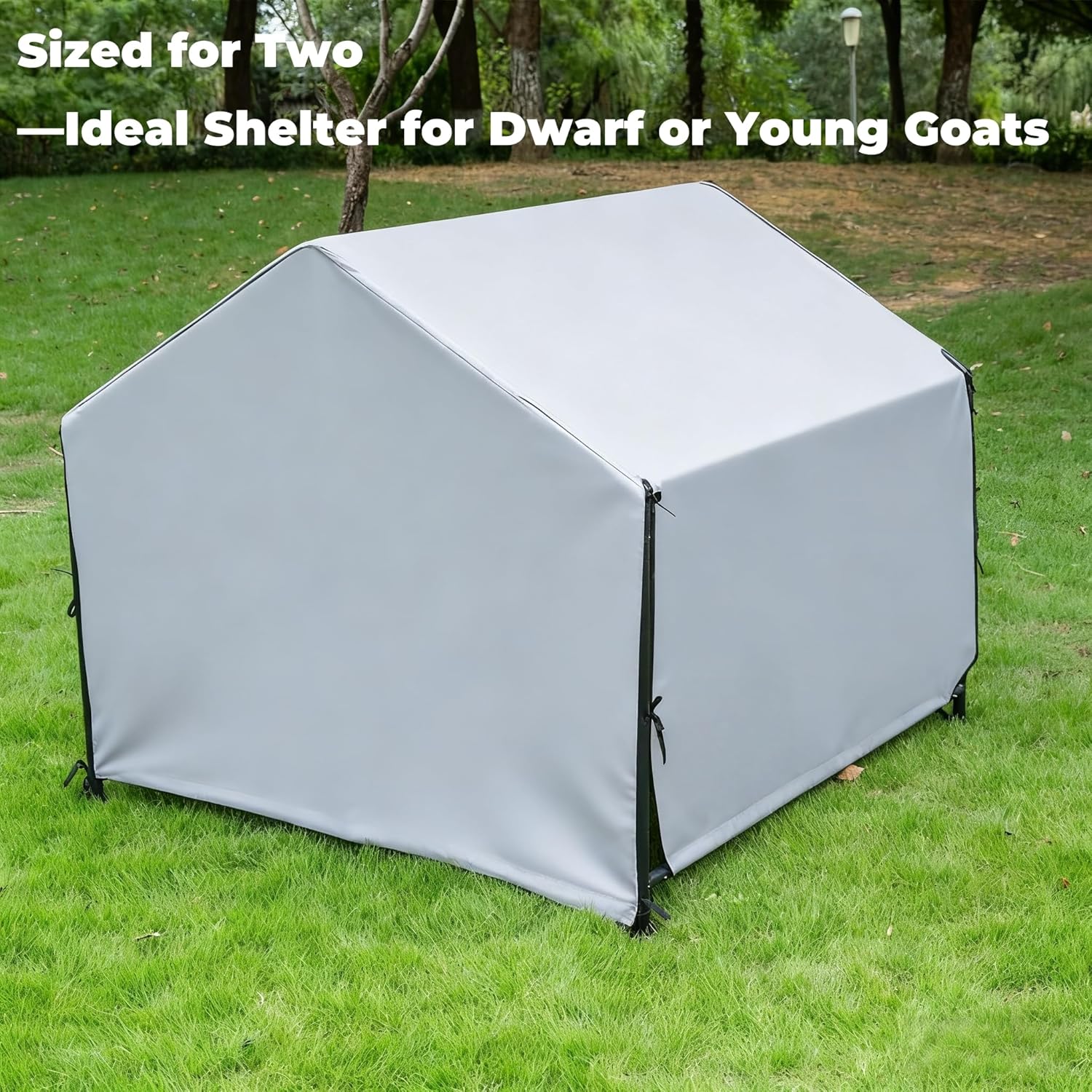 Goat Shelter for Outside, Portable Goat House & Livestock Shelter for Goats, for 2 Goats, 49×49×43 in (125×125×110 cm), 3-Side Windbreak Panels, Metal Frame with Ground Stakes, Backyard/Pasture Shade