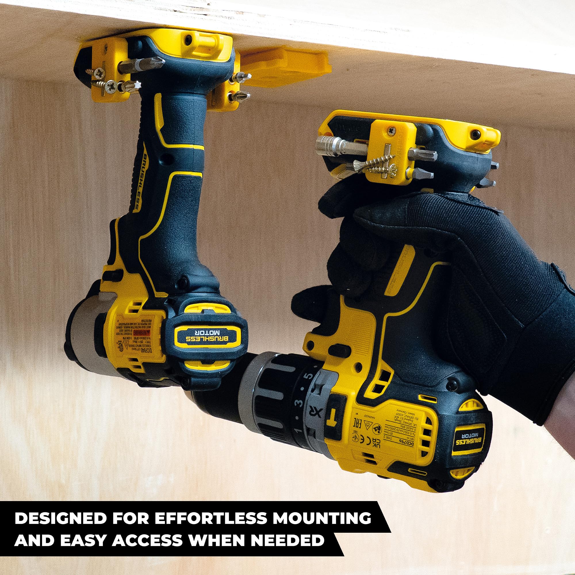 StealthMounts Portaherramientas compatibles con DeWalt MAX + XR + Flexvolt | Soportes de herramientas inalámbricos compatibles con herramientas eléctricas DeWalt de 18 V + 20 V + 54 V + 60 V | Paquete