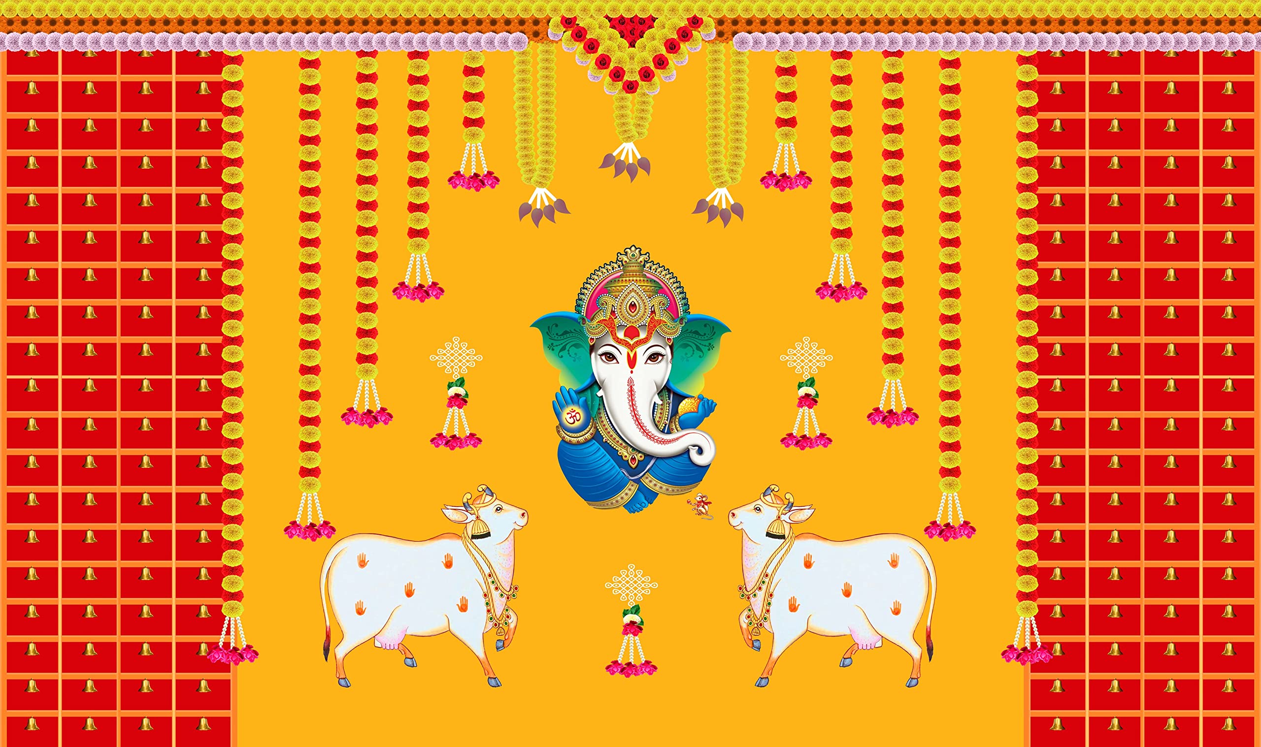 Ashvath Fashion Marigold Flower with Cows and Ganesh ji Design Backdrop Cloth for Pooja Decoration Traditional Background Curtain Cloth for Festival Size 5 Feet Height and 8 Feet Width(5 * 8)