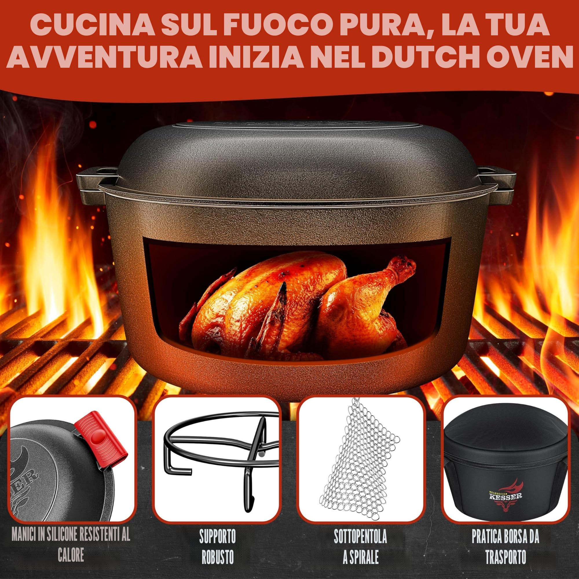 KESSER® Forno Olandese pentola in ghisa 2in1 da 4,8 l e padella da 1,8 l pronta per l'uso incl. Ricettario Casseruola Coperchio/padella a doppia funzione