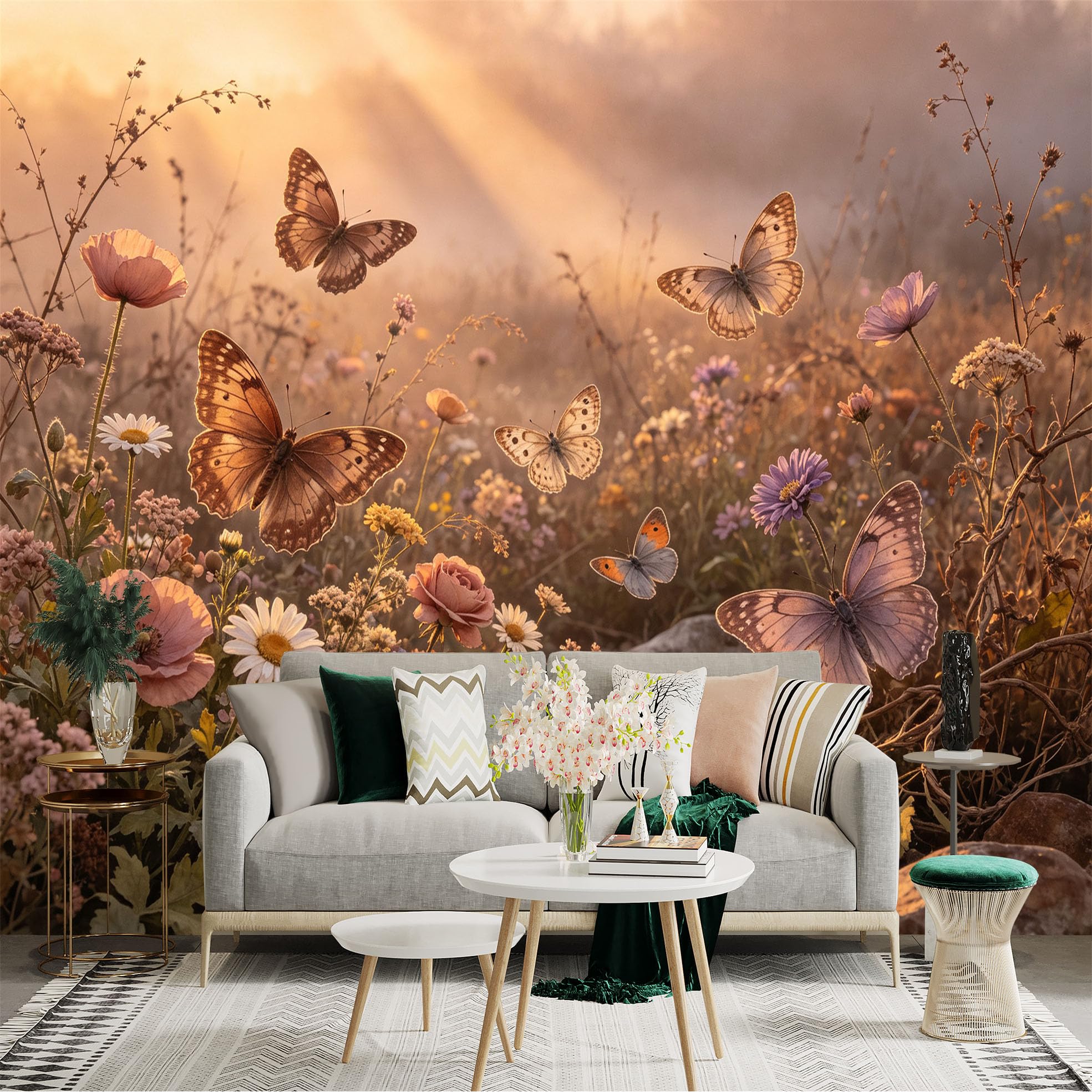 Lnzczhyre Bh260719748 Custom Size Wall Sticker Mural， Flying Butterflies In Sunlit Wildflower Meadow， Nature Landscape Scenery， For Wall Decoration， Peelandstick Wall Decals.