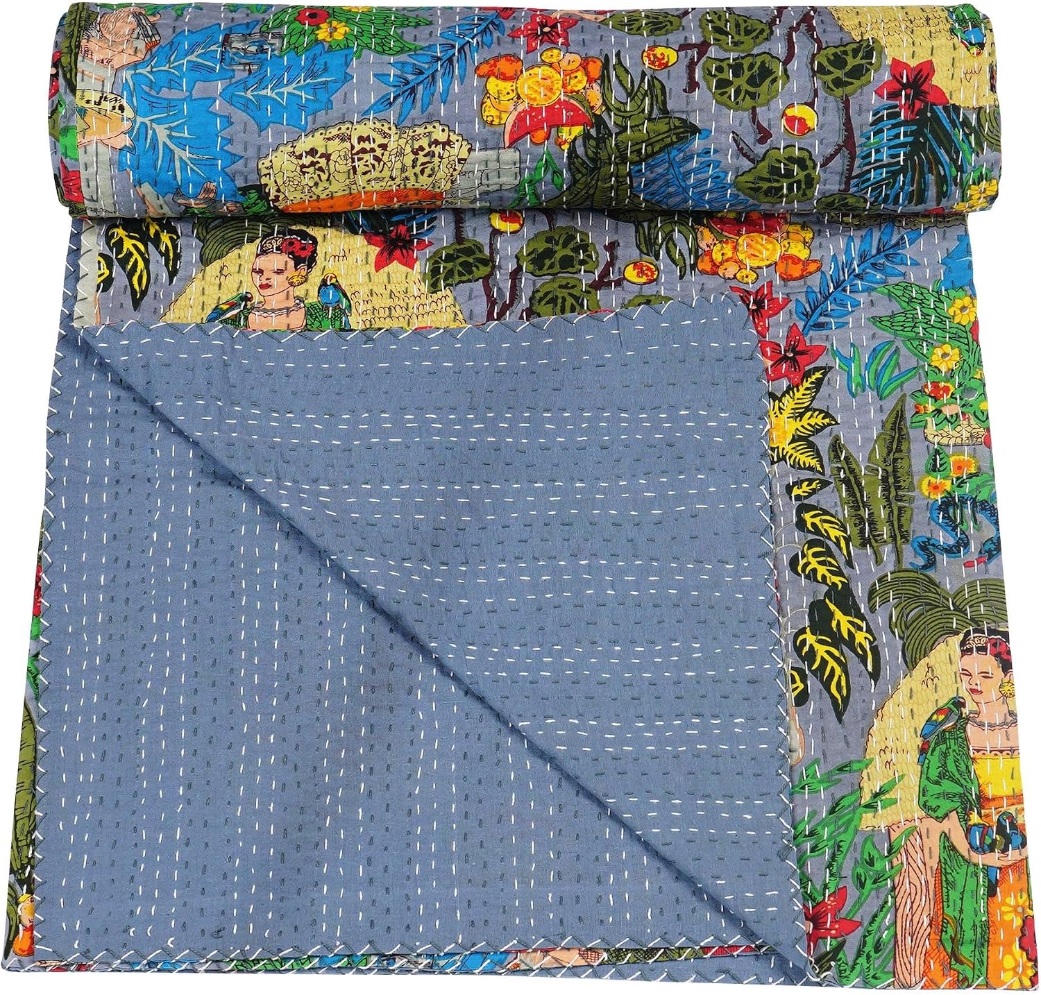 Marubhumi Indian Traditional Farida Design Pure Cotton Kantha Quilt Indian Cotton Bedding Bedspread (Light Grey, Queen (90"x 108"))