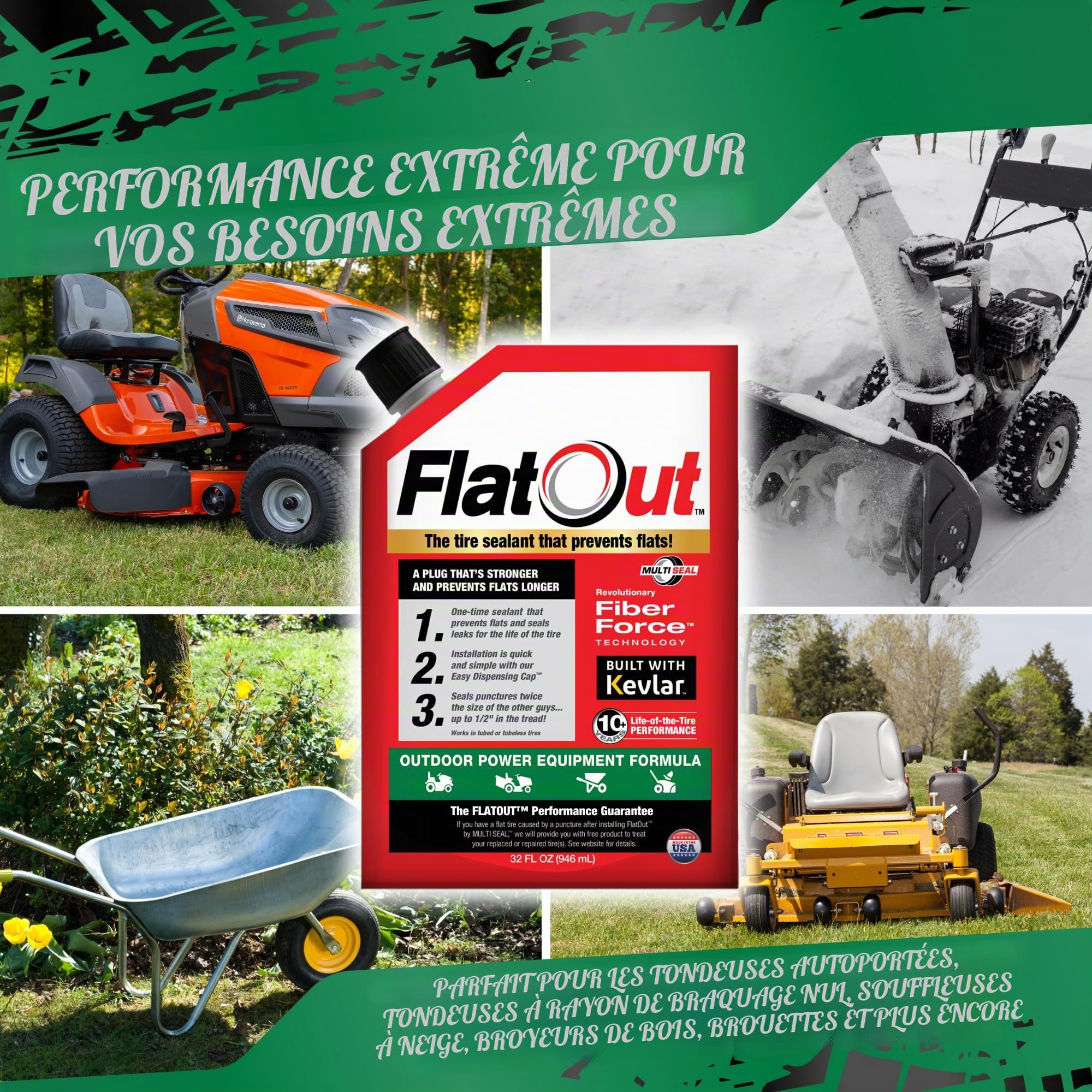 FlatOut Produit d'étanchéité pour pneus hors route, formule pour équipements électriques extérieurs, prévient les pneus à plat, répare un pneu à plat, scelle les fuites, contient du Kevlar, sachet de