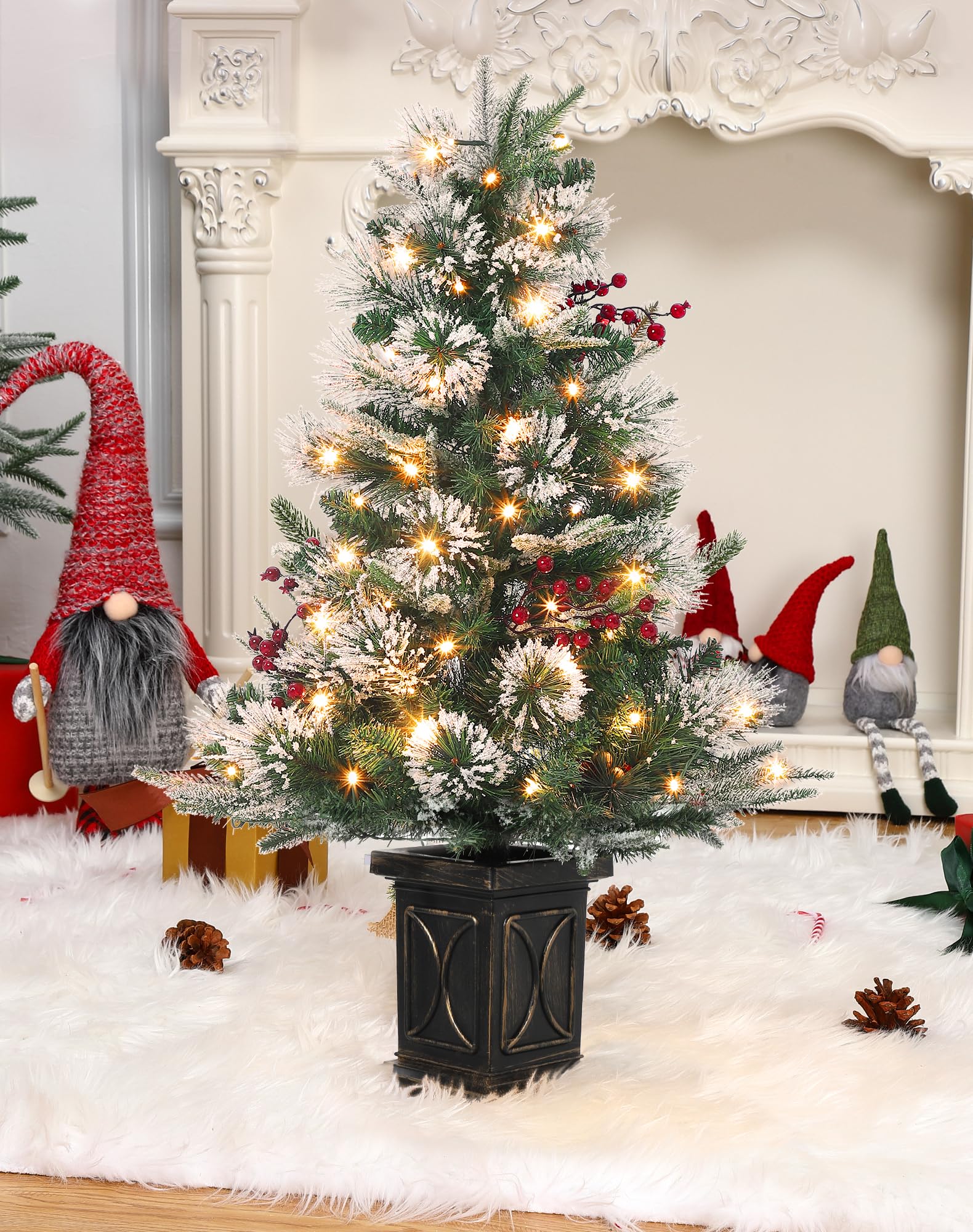 2PCS Weihnachtsbaum Künstlich 90 cm mit 78 Beleuchtung, Snow Flocked Künstlicher Weihnachtsbaum Batteriebetrieben Pre-lit Premium mit roten Beeren Weihnachten deko für Zuhause, Büro, Vintage Topfbasis