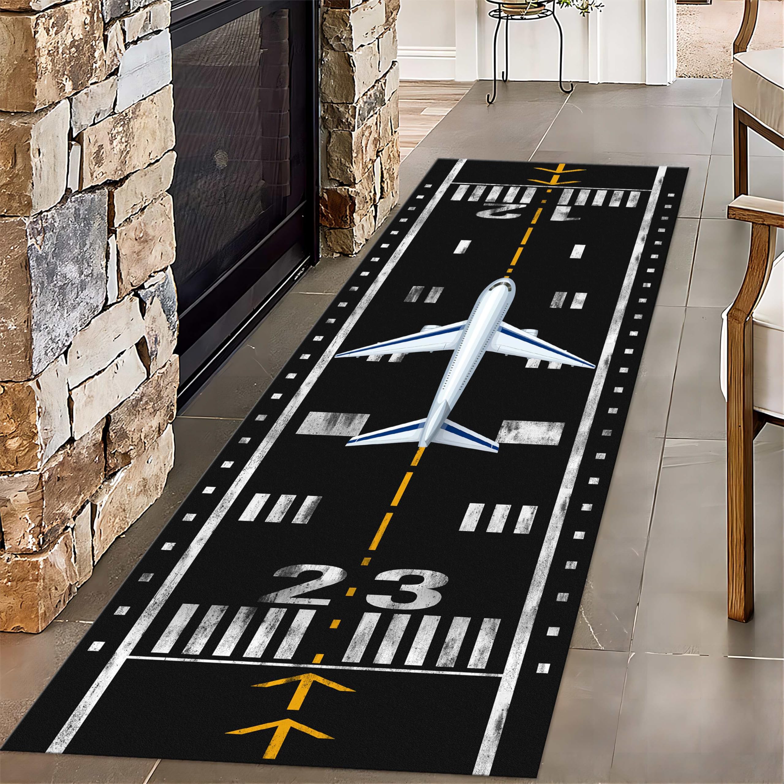 Airplane Runway Long Hallway Rug Runners, 1.3x7ft, Airport Aircraft Non-Skid Carpet, Absorbent Pet Friendly Foldable Carpets, Dirty Resistant Reduce