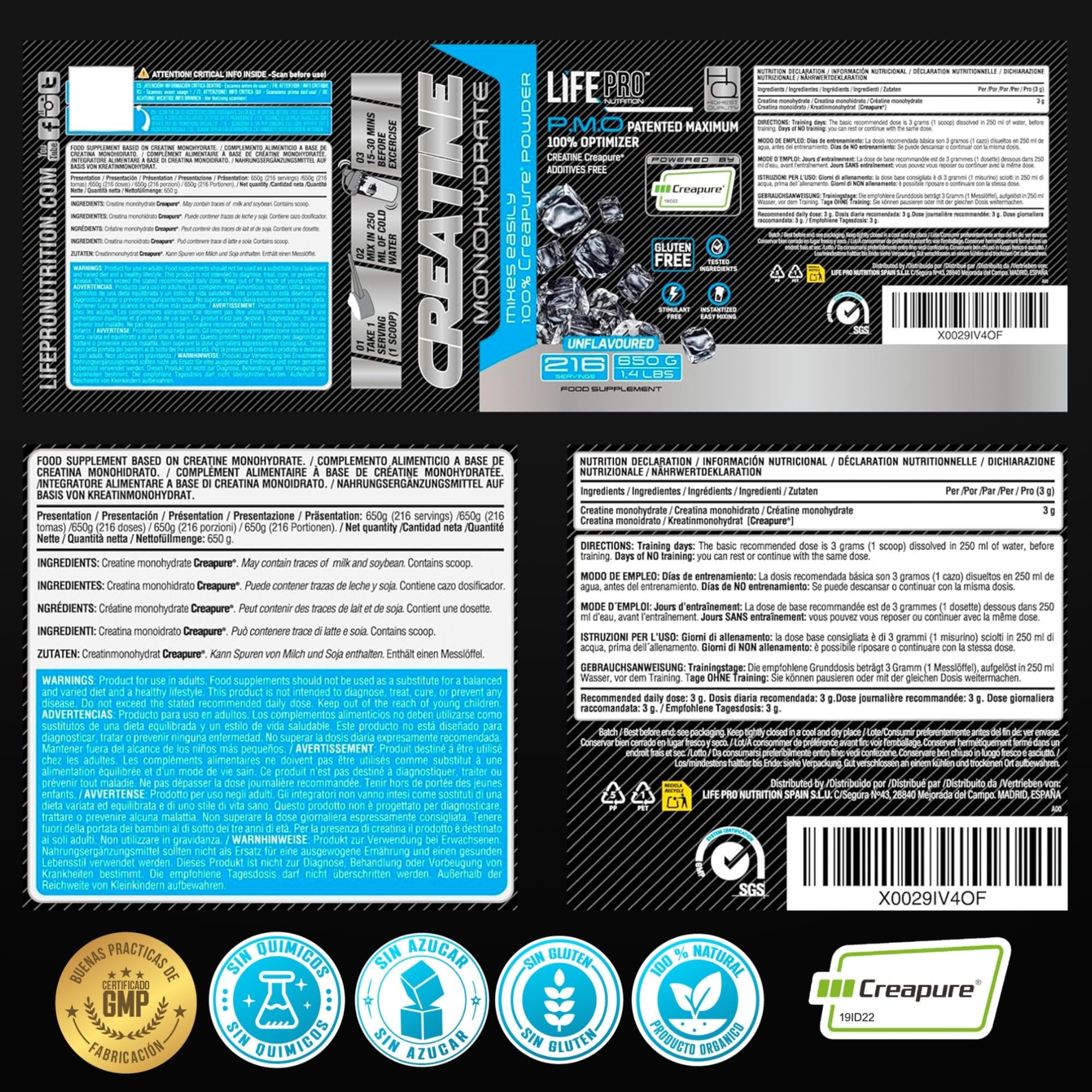 Life Pro Creatina Monoidrata Creapure® 650 G – Creatina Creapure Pura e Micronizzata – Gusto Neutro – Fino a 216 Dosi – Senza Glutine – Supporto alle Prestazioni in Palestra