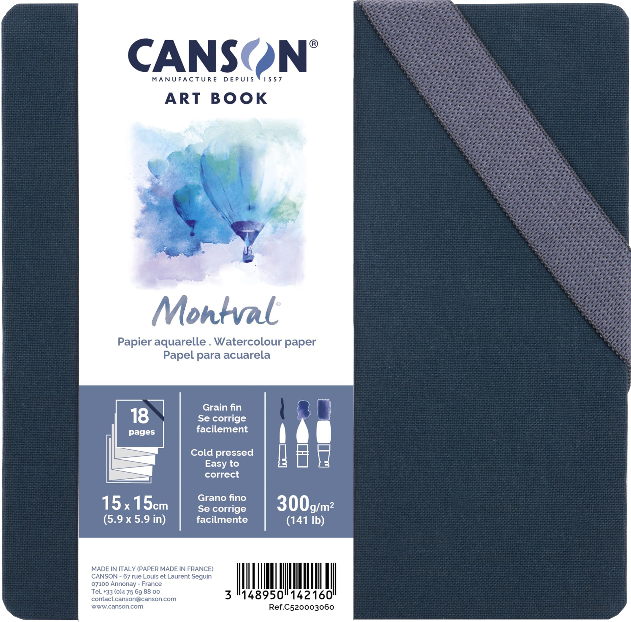 Canson Professional Book, Watercolor Paper, Fine Grain, 300gsm, Accordion Notebook, Hardcover, 15x15cm, White, 18 Pages