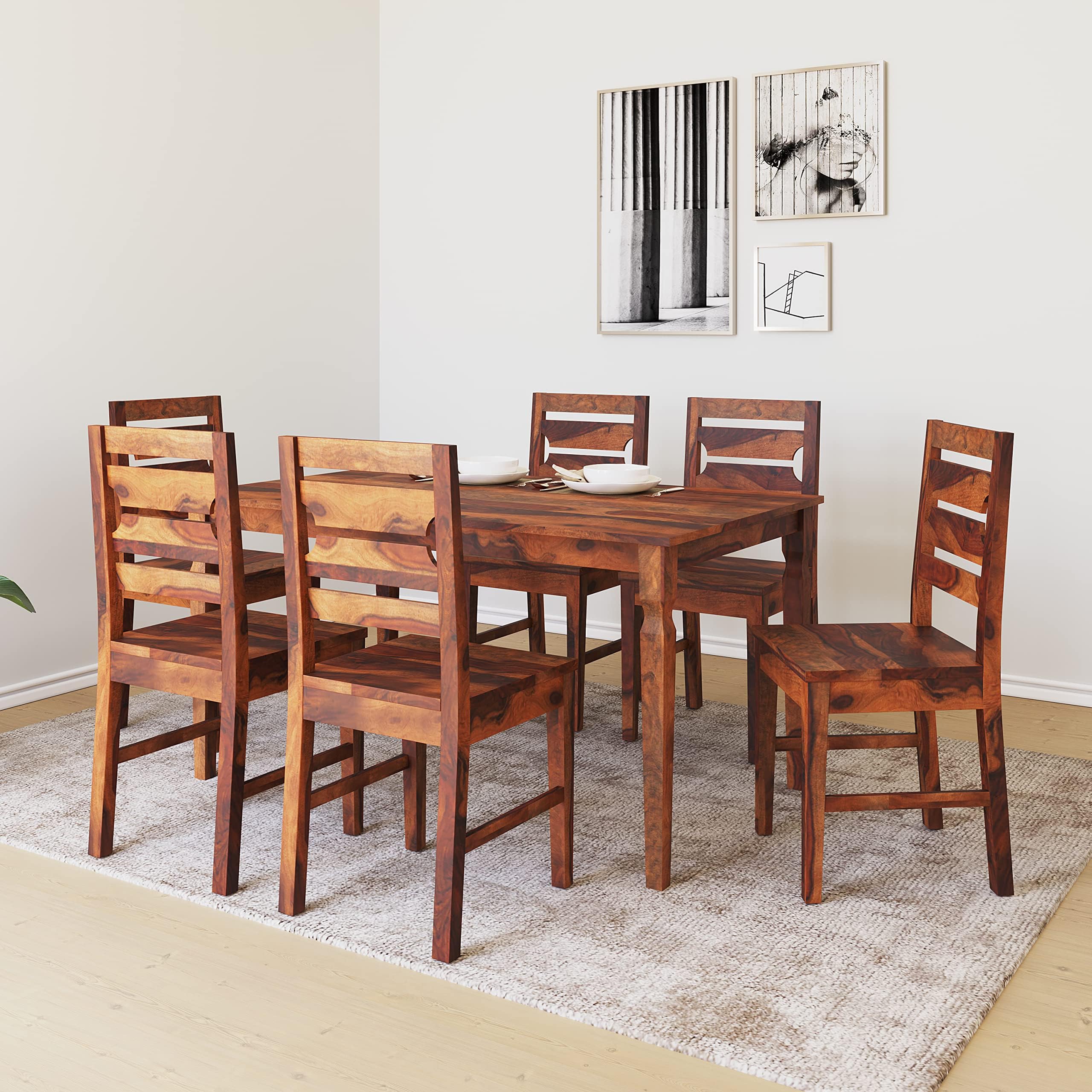 @home By Nilkamal Europa 6 Seater Solid Wood Dining Set with Chairs in Walnut Finish for Dining & Kitchen Room