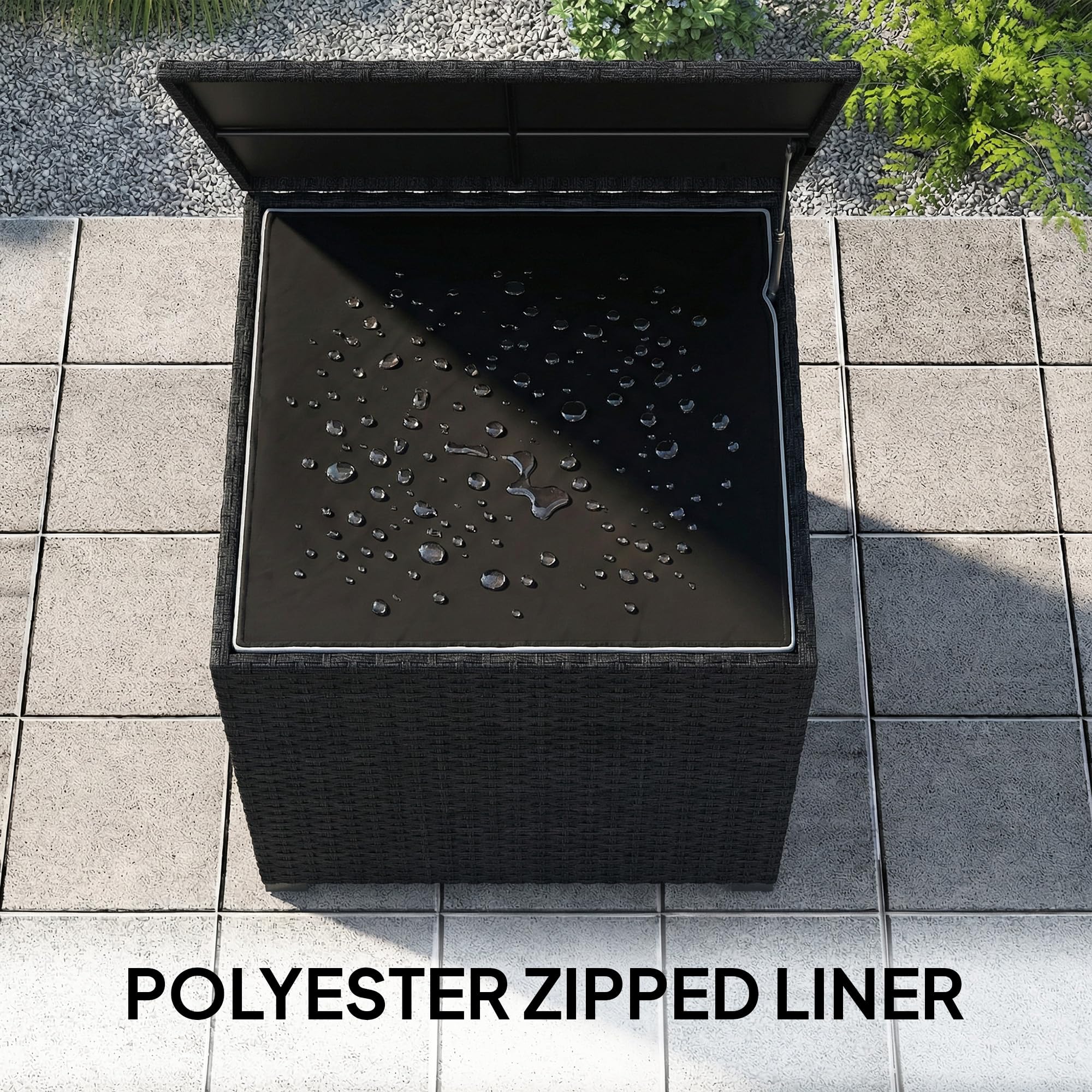 Outsunny 253L Garden Storage Box, Rattan Deck Box with Waterproof Zipped Liner, Safe Pneumatic Rod, Patio Rattan Storage Container for Backyard Gardening Tools, Black — view 4