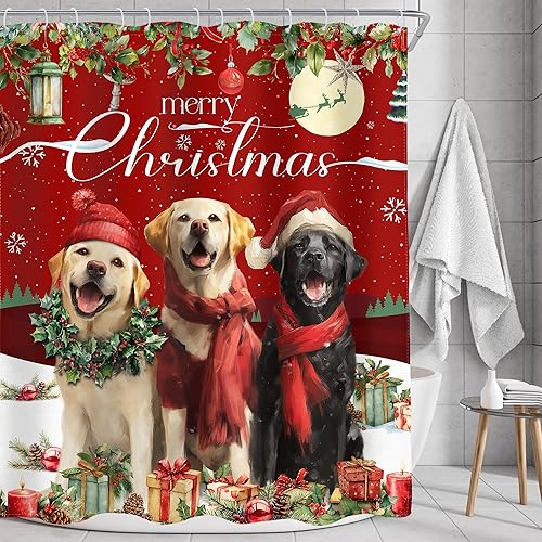 Miniatura 8 de AMBZEK Cortina de ducha con diseño de gato de Feliz Navidad, 60 pulgadas de ancho x 72 pulgadas de largo, diseño de copos de nieve, árbol de pino,