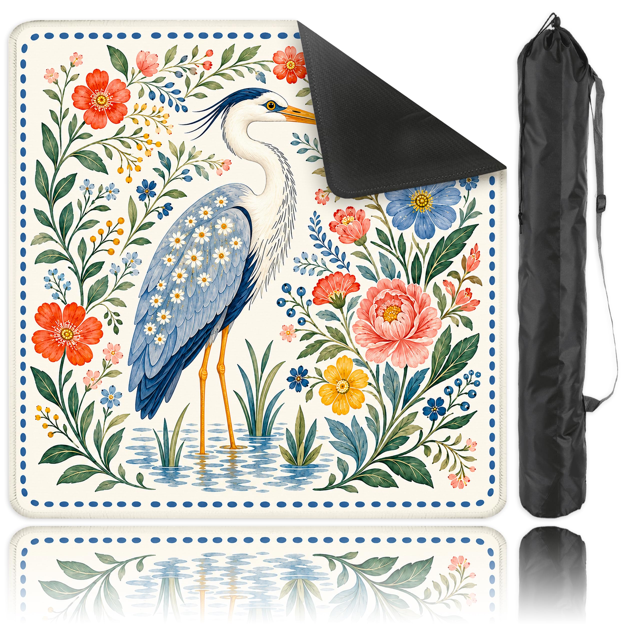 SODAVA Tapis de mahjong Blue Heron, housse de table de jeu florale aquarelle avec sac de transport, 80 cm x 80 cm, caoutchouc antidérapant, réduction du bruit, cadeaux pour mahjong, cartes, dominos