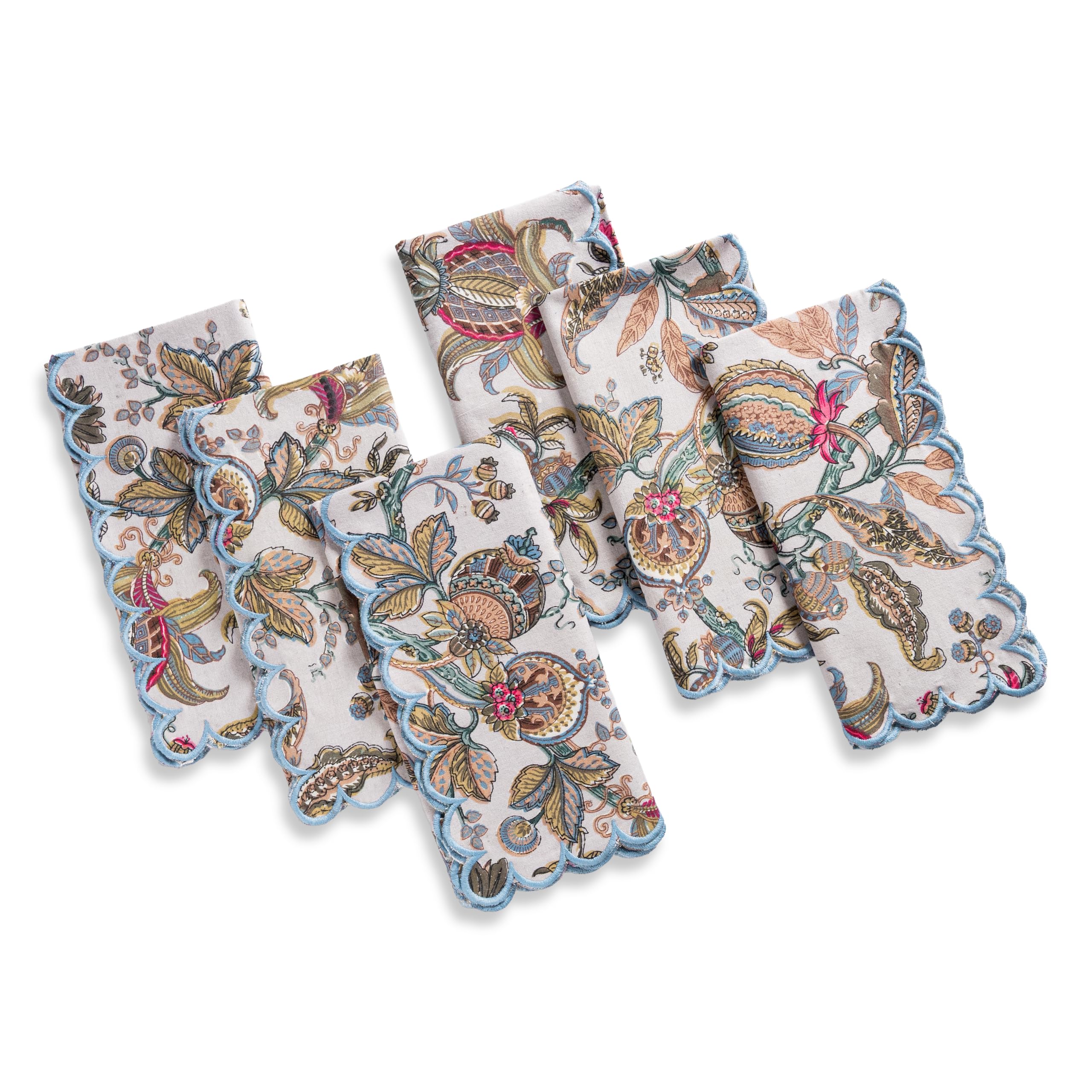 FINGERCRAFT Scallop Embroidery Cloth Napkins, Set of 6, Grey Lilac Floral