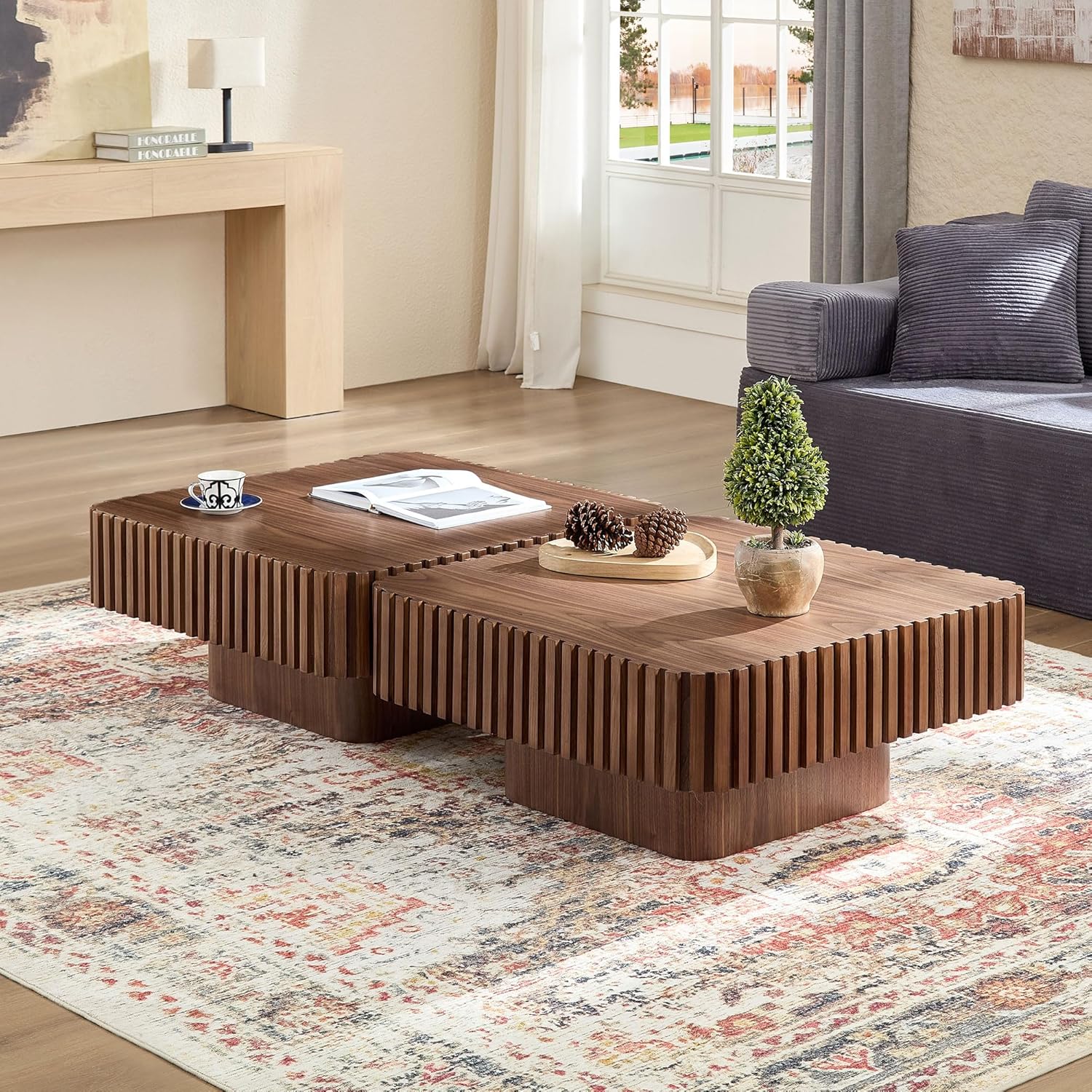 Square Coffee Tables for Living Room, 35.43" Wood Rustic Center Tea Table Modern Accent End Table, with Sturdy Curved Base and Minimalist Fluted Side, Walnut