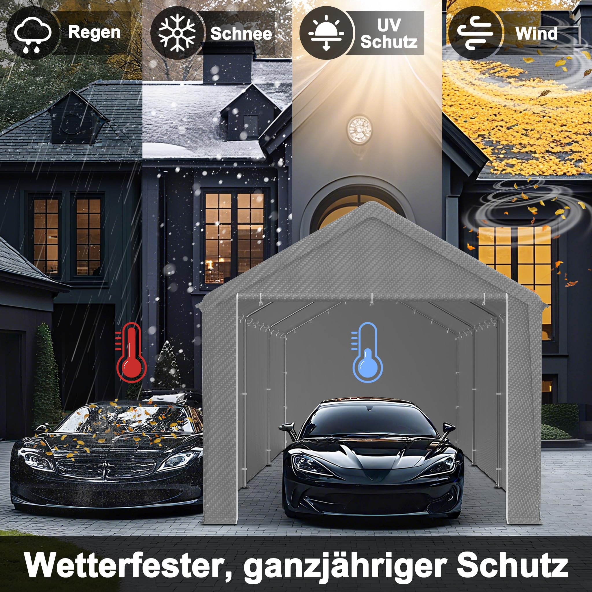 Aufun Carport Zeltgarage 3x6m, Wasserdichtes Lagerzelt mit PE-Dach, Reißenresistenter Garagenzelt mit abnehmbaren Seitenwänden, UV-beständig Winterfest Unterstand für Auto, SUV, LKW, Boot, Grau