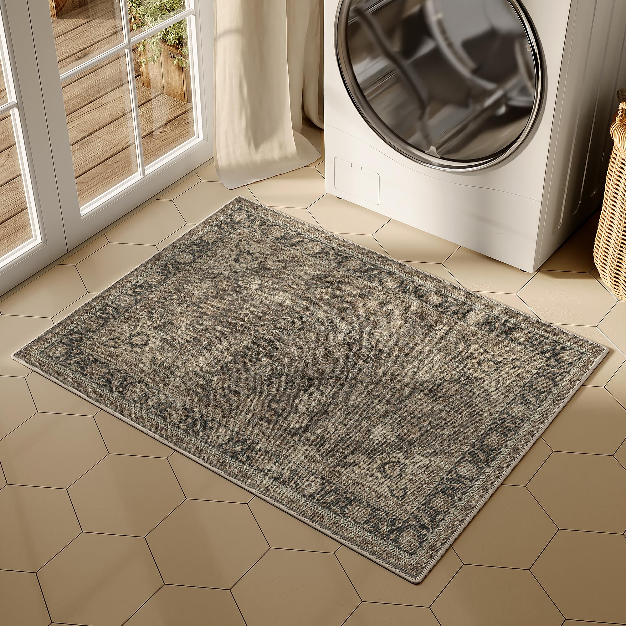 Alfombra vintage lavable de 2 x 3 pulgadas, color marrón, para entrada, antideslizante, de pelo bajo, alfombra tradicional, retro, envejecida, suave, delgada, alfombra decorativa pequeña para 3